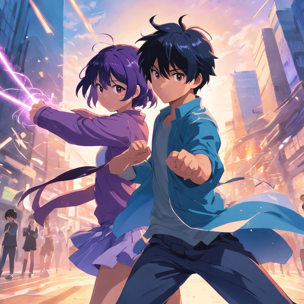 a cute black hair boy fighting with a cute violet hair girl agressively, punch, strong