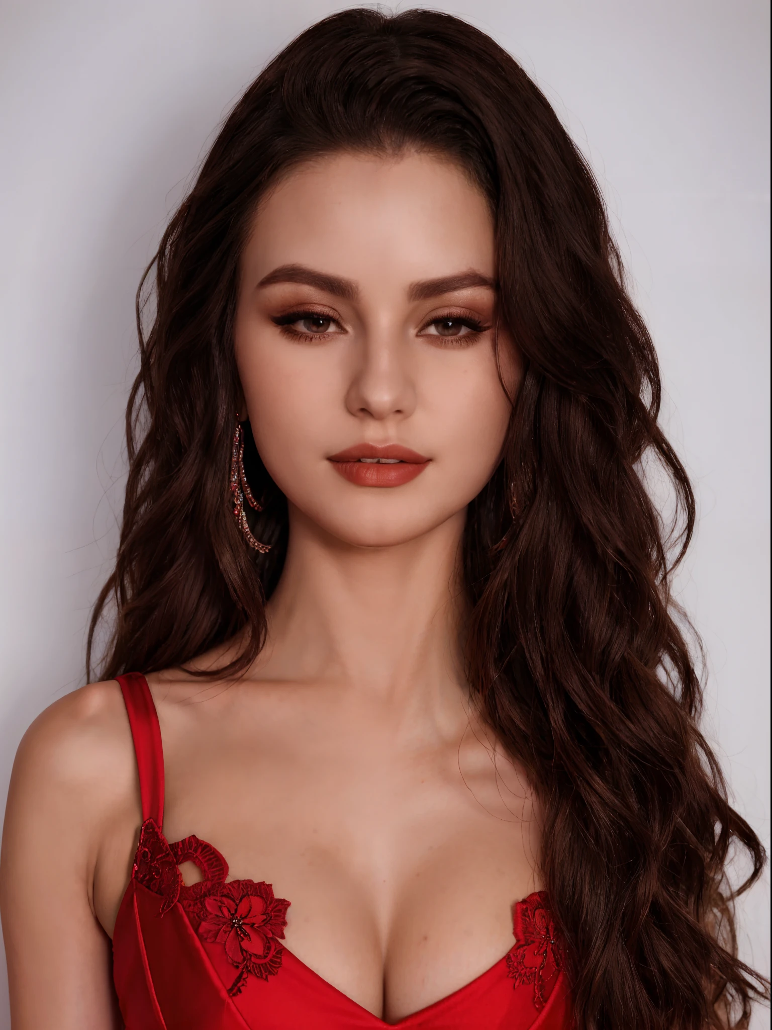 araffed woman in a red dress posing for a picture, jaw-dropping beauty, in a red dress, portrait sophie mudd, dressed in red velvet, style of julia razumova, red lace, red hot, red bra, most beautiful woman on earth, jaw dropping beauty, sultry and beckoning, sexy red dress, 18 years old, High quality image, masterpiece, detailed hair texture, detailed skin texture, detailed cloth texture, 8k, add fabric details, ultra detailed skin texture, ultra detailed photo, skin pores, cloth details, high skin details, realistic hair details