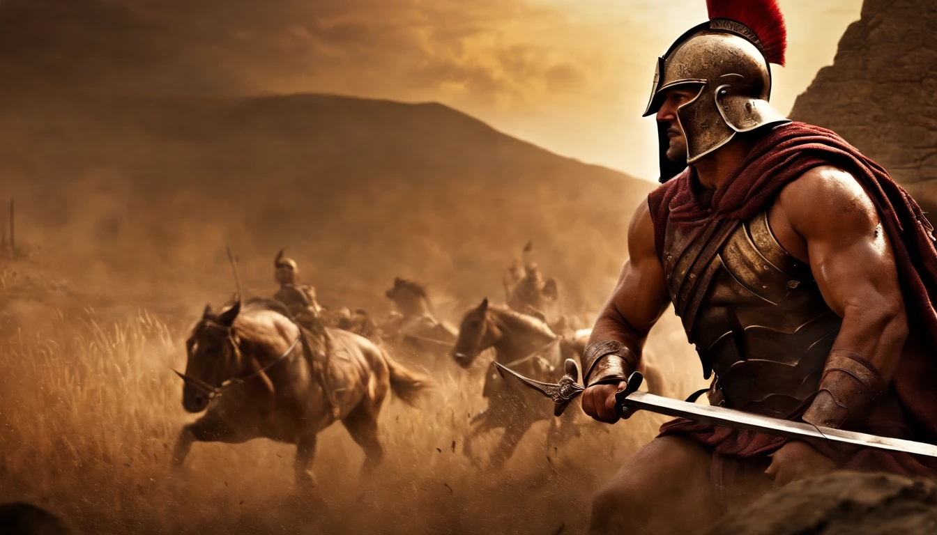 A WOUNDED SPARTAN WARRIOR AFTER DEFEATING HIS ENEMIES, FONDO DE BATALLA CREATIVO