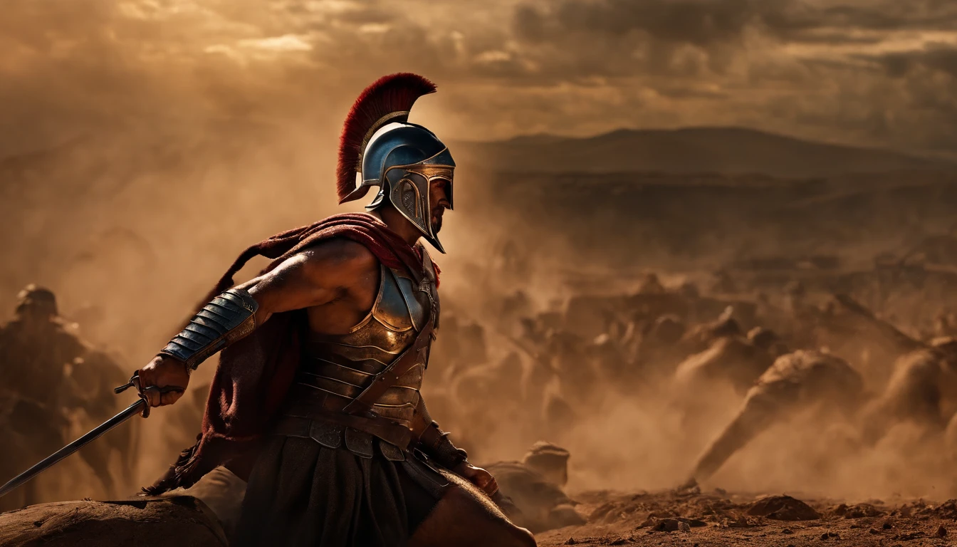 A WOUNDED SPARTAN WARRIOR AFTER DEFEATING HIS ENEMIES, FONDO DE BATALLA CREATIVO