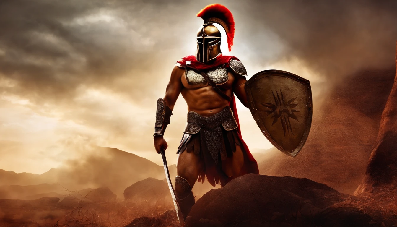 A WOUNDED SPARTAN WARRIOR AFTER DEFEATING HIS ENEMIES, FONDO DE BATALLA CREATIVO