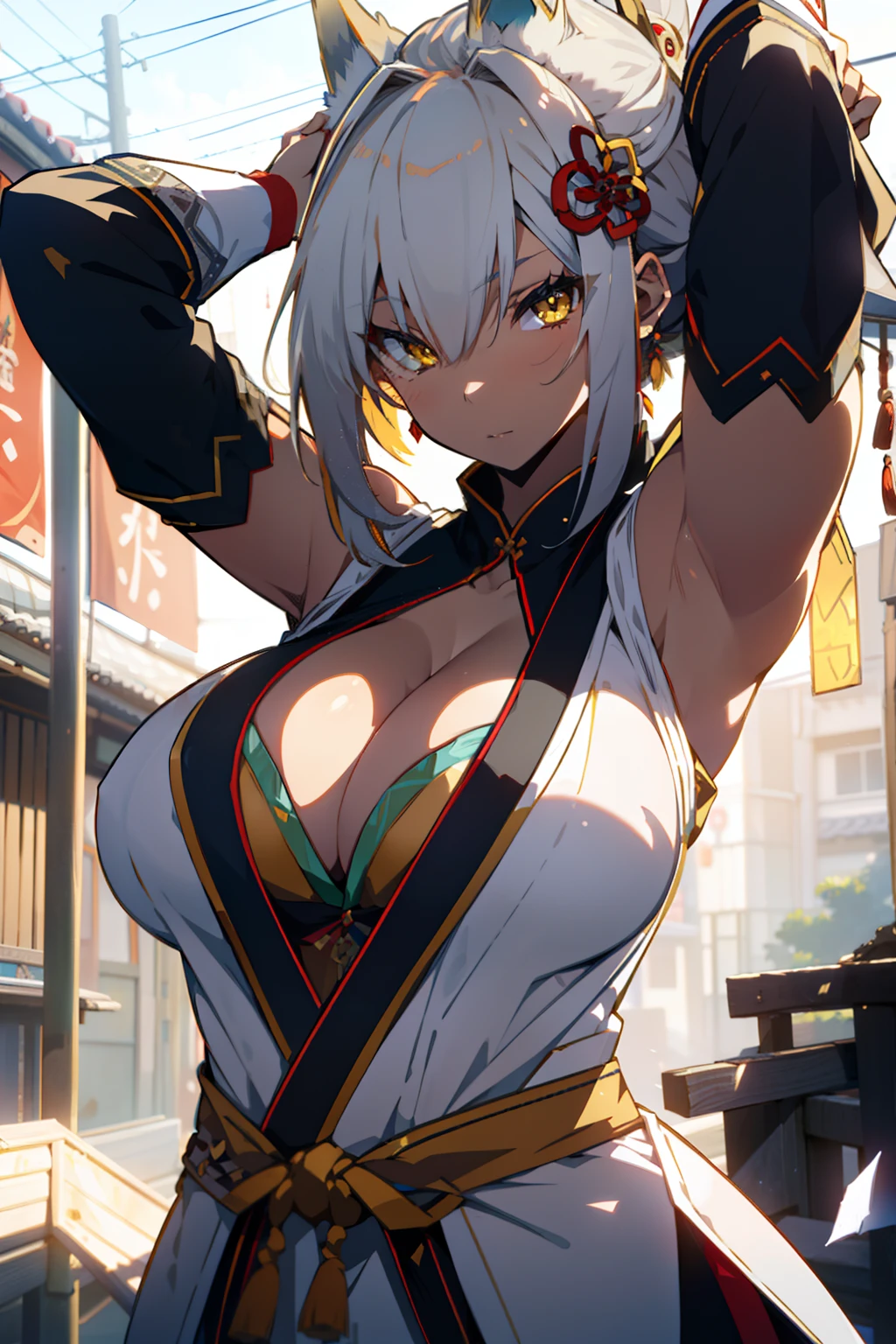fox girl, white hair, yellow eyes, traditional Japanese outfit, tan skin, (best quality, masterpiece, colorful, dynamic angle, highest detailed), ((mature woman, hair ornament, arms up, large_breasts, hair_ornament, exposed cleavage