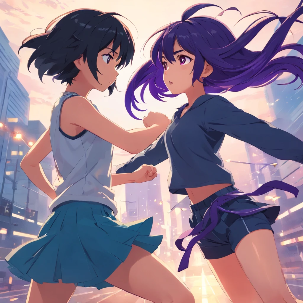 a cute black hair teenager fighting against a cute long violet hair girl agressively, punch, strong