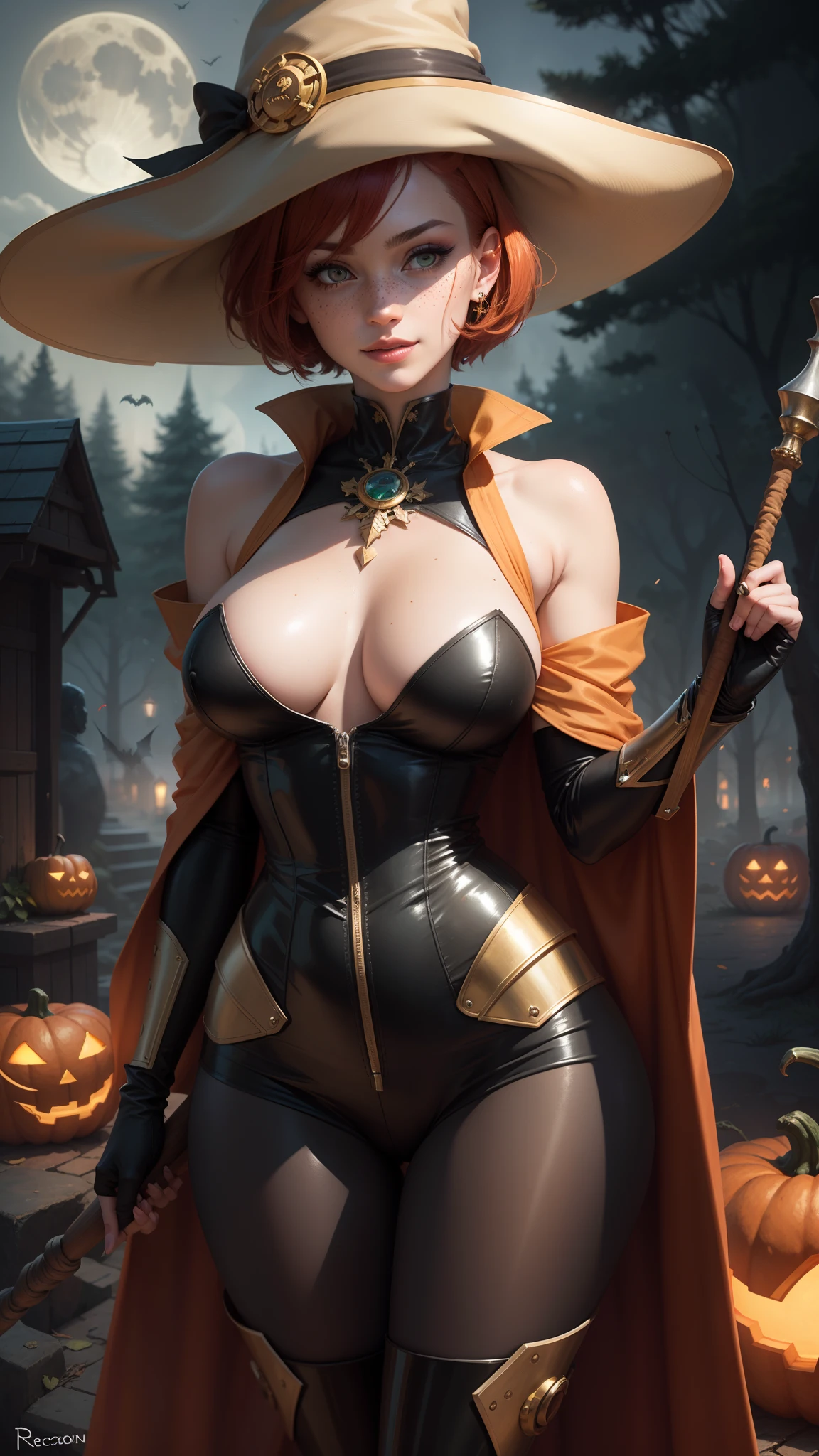 gwen tennyson,tracer,pecorine,videl, rebecca chambers,dragon's crown, atelier ryza,1girl,close up,mecha pilot,halloween forest,gold and orange plugsuit,hair pin,pirate corset,silver long sleeve lycra top,steel leggings,short hair,cute makeup, green eyes,red and gold hair,shy smile, freckles,redhead,beautiful girl,large breasts,ultra detailed,realistic,fantasy art,bodycon dress,steel armor,halloween pumpkin,moonlight,witch cloak,neck and head jewelry,witch hat,witch staff,
