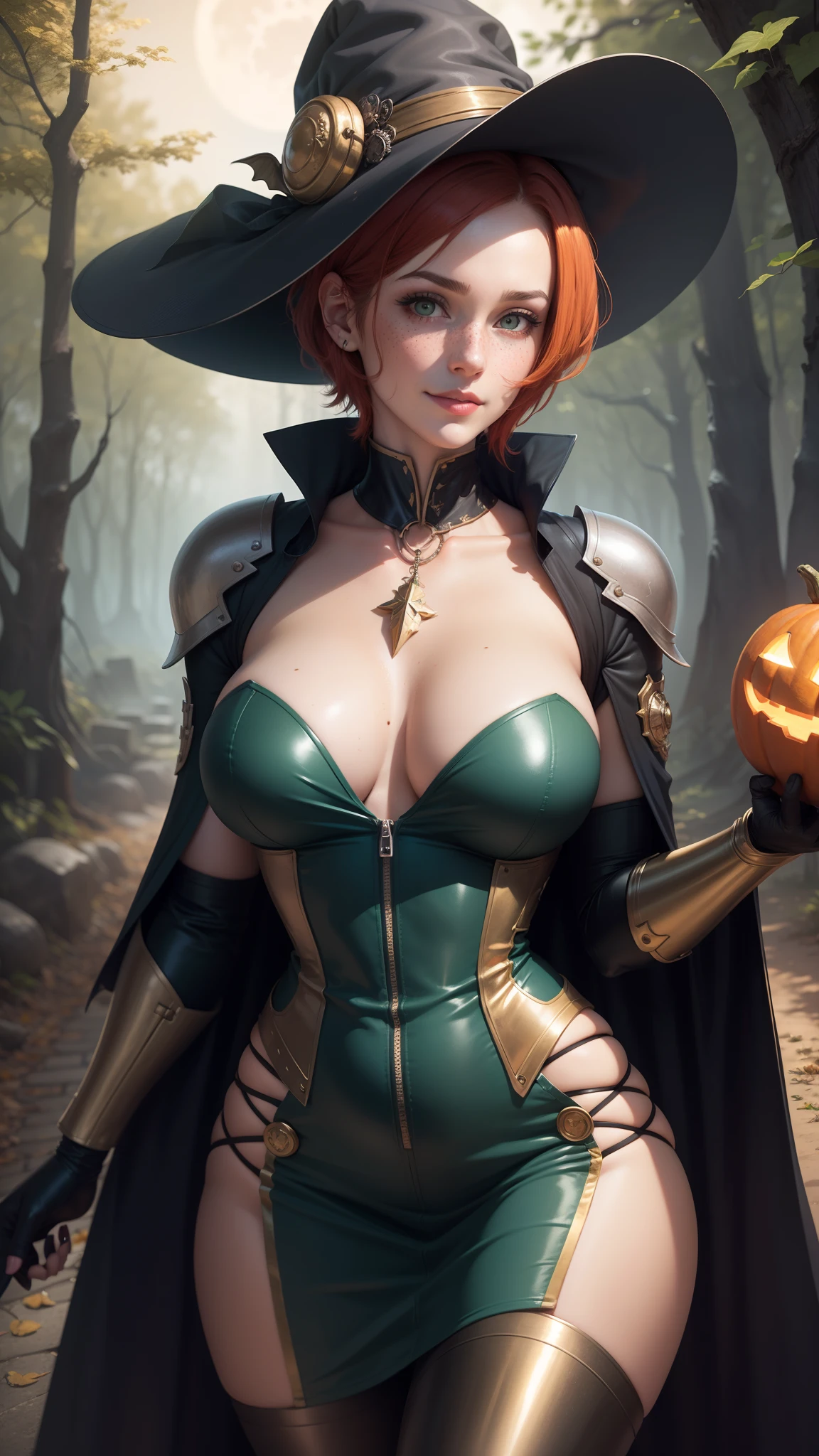 gwen tennyson,tracer,pecorine,videl, rebecca chambers,dragon's crown, atelier ryza,1girl,close up,mecha pilot,halloween forest,gold and orange plugsuit,hair pin,pirate corset,silver long sleeve lycra top,steel leggings,short hair,cute makeup, green eyes,red and gold hair,shy smile, freckles,redhead,beautiful girl,large breasts,ultra detailed,realistic,fantasy art,bodycon dress,steel armor,halloween pumpkin,moonlight,witch cloak,neck and head jewelry,witch hat,witch staff,