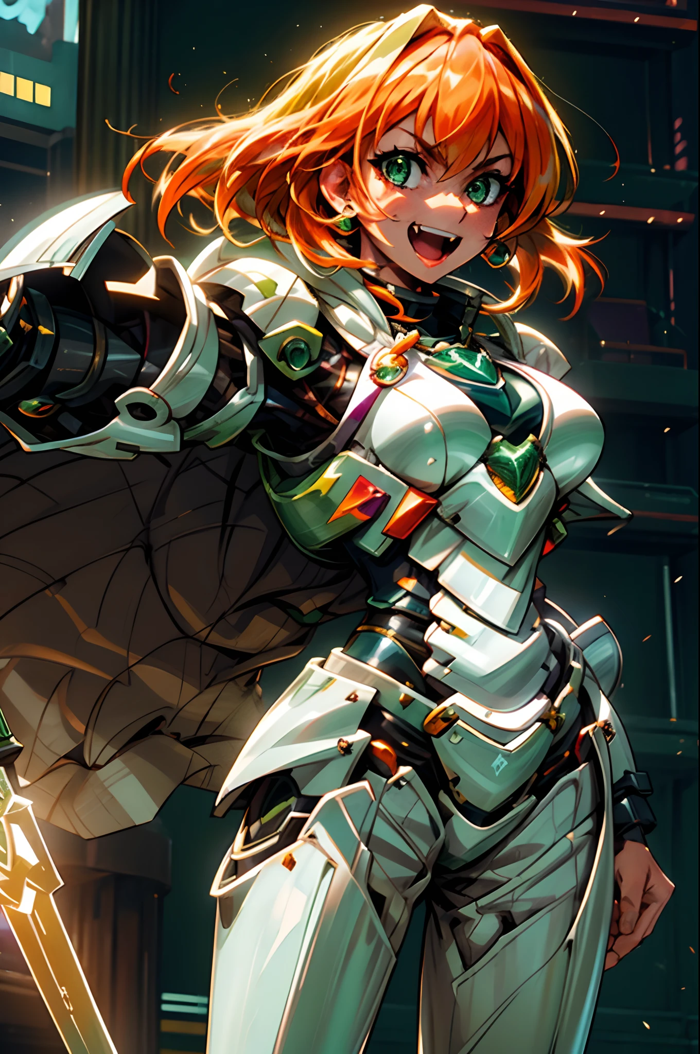 excel, orange hair, smile, fang, open mouth, green eyes,standing, medium breast, pants, pullover, , full body,knight armor, armore, sword holding, fantasy cyberpunk city magic