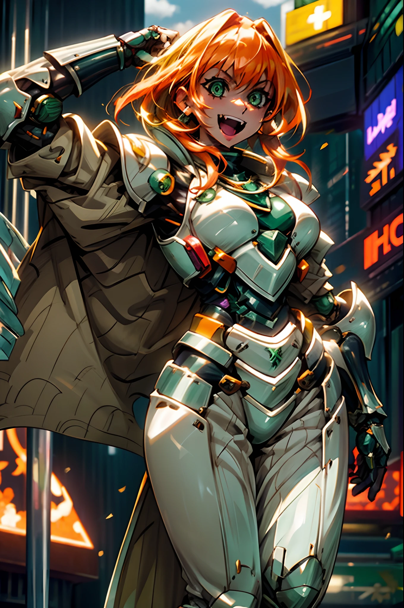 excel, orange hair, smile, fang, open mouth, green eyes,standing, medium breast, pants, pullover, , full body,knight armor, armore, sword holding, fantasy cyberpunk city magic