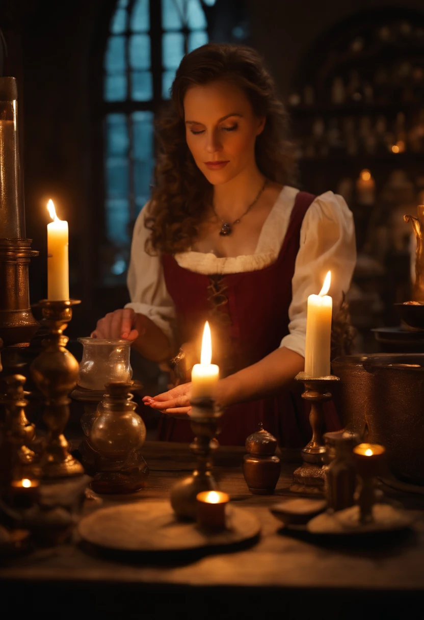 Da ist eine Frau, die an einem Tisch mit Kerzen sitzt, She's in the Potions Workshop, Magierin, who summons a spell, Mittelalterlicher Alchemist im Dunkeln, Fantasy-Alchemisten-Labor, Ein arkaner Zauberer, der einen Zauber wirkt, Zauber auf einen Trank wirken, Er befindet sich in einem Alchemistenlabor, Alchemie-Labor, Zauberspruch-Assistent, Magisches Labor-Setting