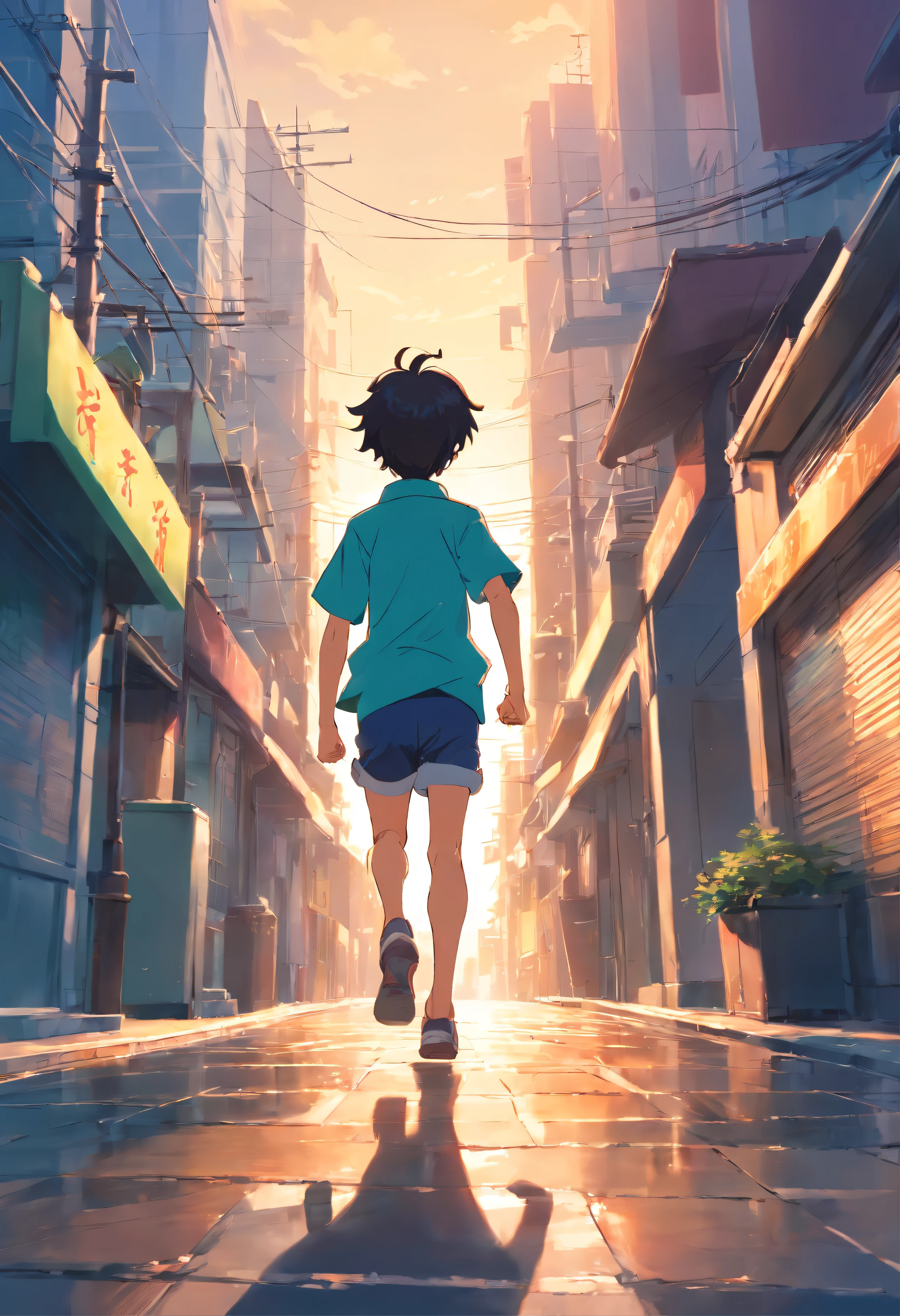 A two-dimensional boy running with his back to the camera facing Yangguan
