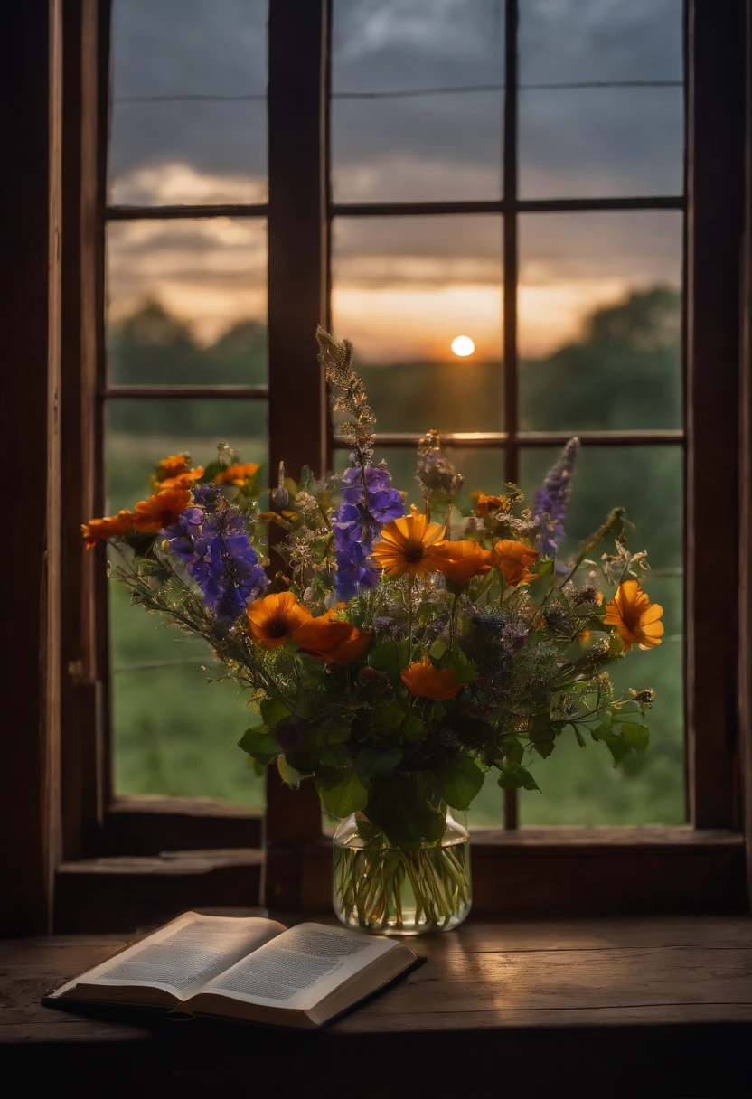 bouquet of wild flowers, open window with stormy sky, Old wooden table, romance, backlight, Ray Tracing, f/16, canon, Masterpiece, high quality, 8k stained glass, raven, Open book, full moon, candle, Art Deco, Gothic art, Reflective light, diffraction peaks, f/16, 85mm, Masterpiece, high quality, 8k