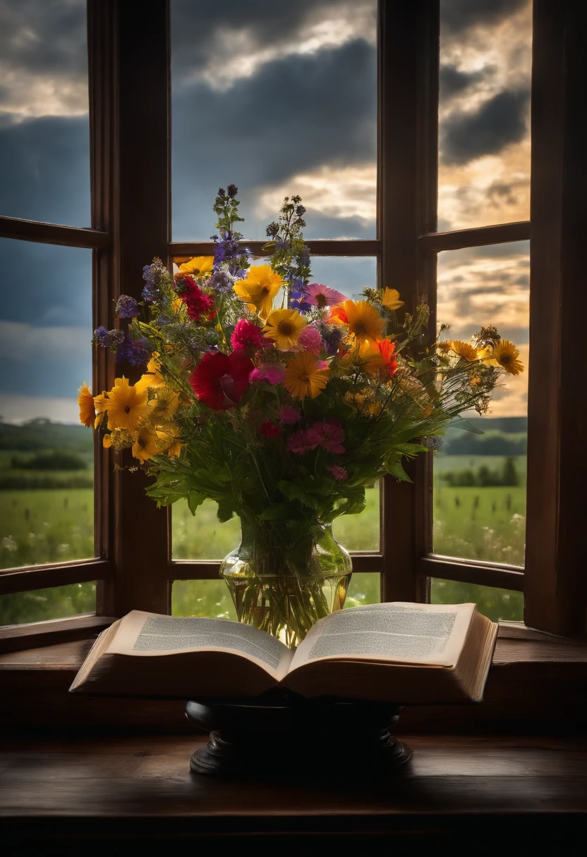 bouquet of wild flowers, open window with stormy sky, Old wooden table, romance, backlight, Ray Tracing, f/16, canon, Masterpiece, high quality, 8k stained glass, raven, Open book, full moon, candle, Art Deco, Gothic art, Reflective light, diffraction peaks, f/16, 85mm, Masterpiece, high quality, 8k
