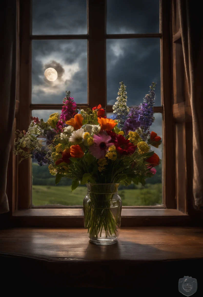 bouquet of wild flowers, open window with stormy sky, Old wooden table, romance, backlight, Ray Tracing, f/16, canon, Masterpiece, high quality, 8k stained glass, raven, Open book, full moon, candle, Art Deco, Gothic art, Reflective light, diffraction peaks, f/16, 85mm, Masterpiece, high quality, 8k