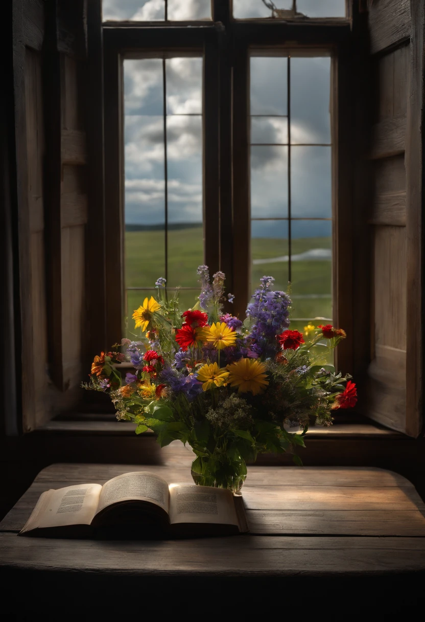 bouquet of wild flowers, open window with stormy sky, Old wooden table, romance, backlight, Ray Tracing, f/16, canon, Masterpiece, high quality, 8k stained glass, raven, Open book, full moon, candle, Art Deco, Gothic art, Reflective light, diffraction peaks, f/16, 85mm, Masterpiece, high quality, 8k