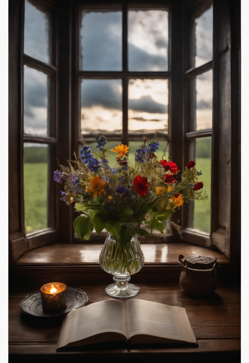 bouquet of wild flowers, open window with stormy sky, Old wooden table, romance, backlight, Ray Tracing, f/16, canon, Masterpiece, high quality, 8k stained glass, raven, Open book, full moon, candle, Art Deco, Gothic art, Reflective light, diffraction peaks, f/16, 85mm, Masterpiece, high quality, 8k