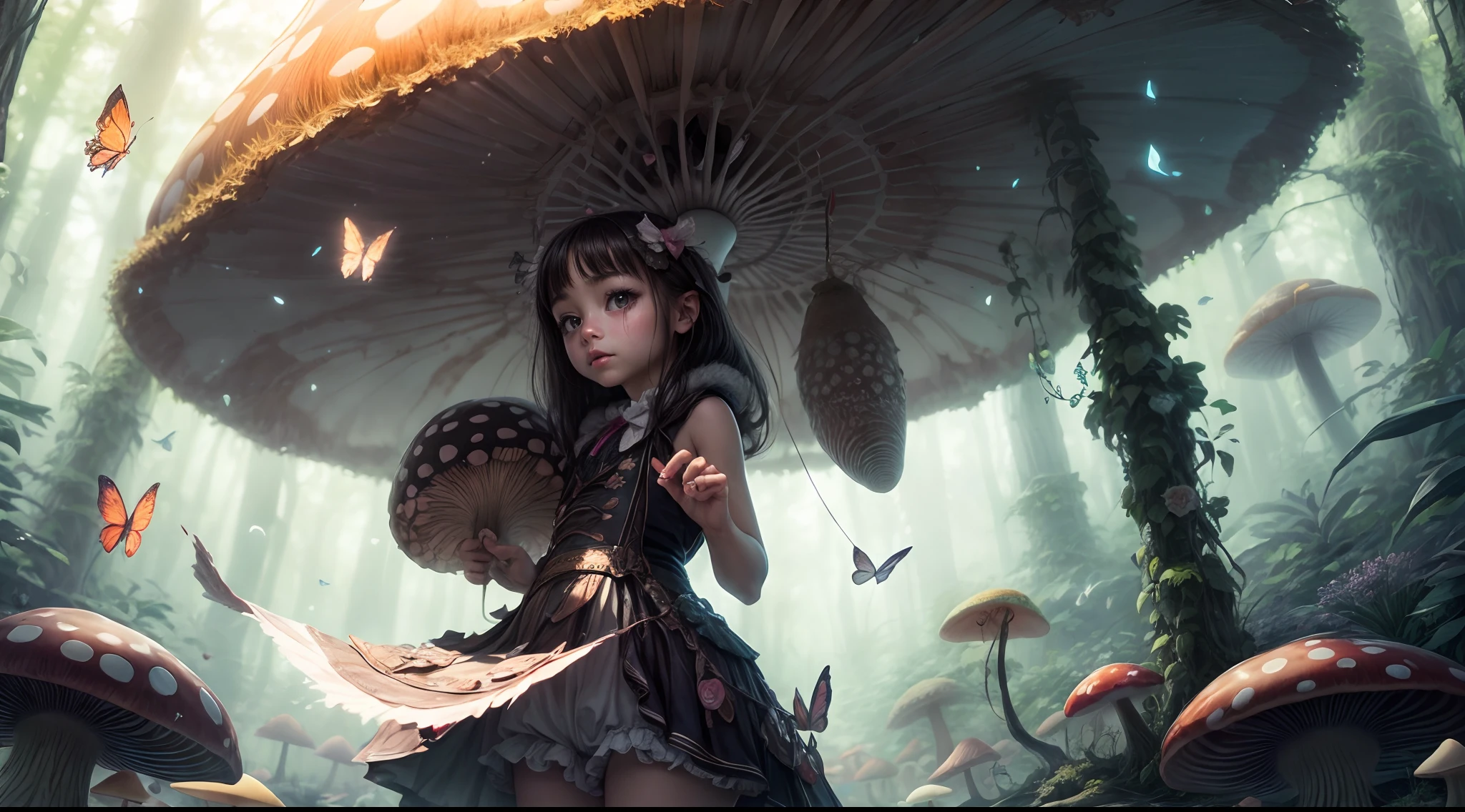 "Magical encounter, closeup young girl exploring, gigantic mushroom, ethereal butterflies, misty wonderland, enchanting details"