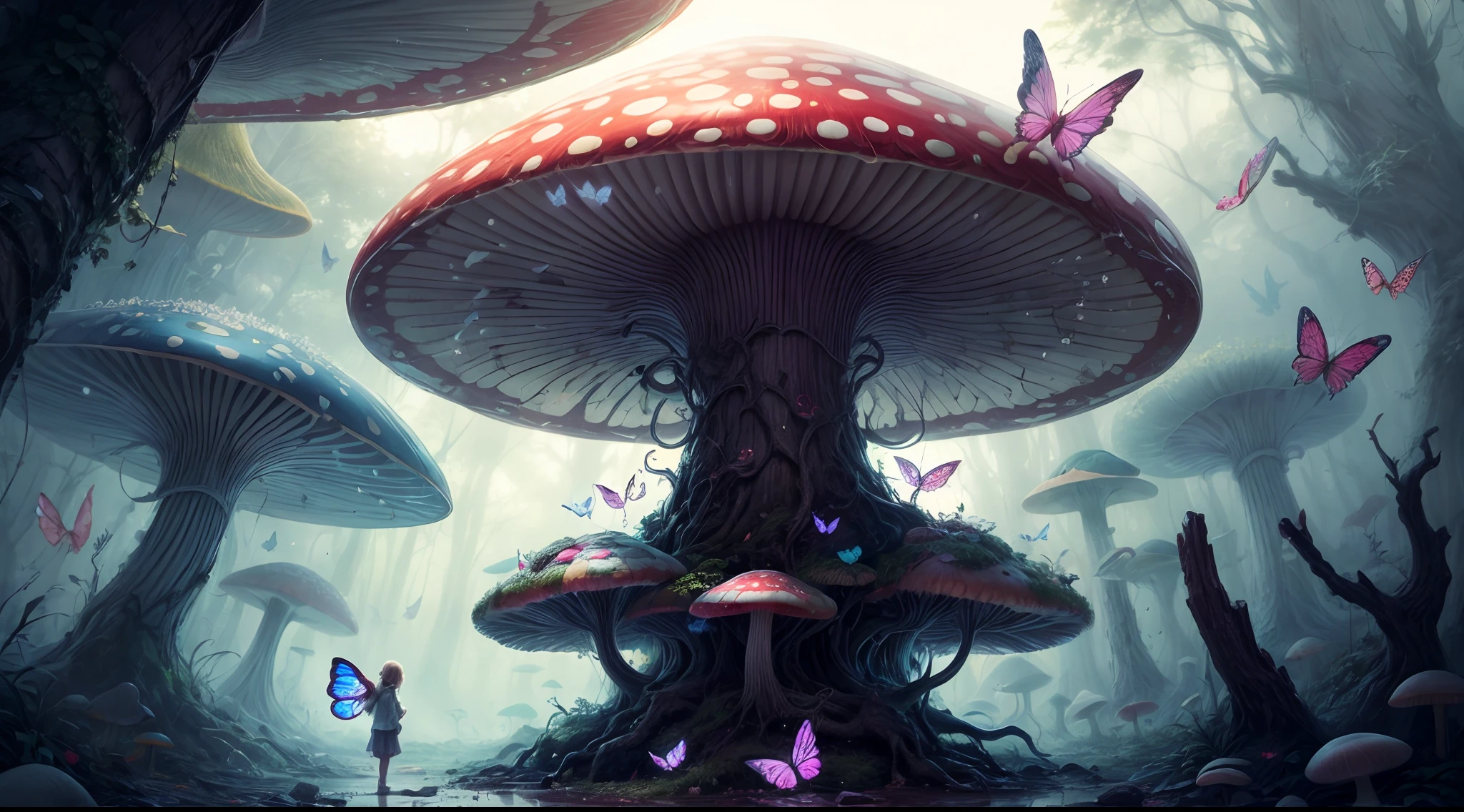"Magical encounter, closeup young girl exploring, gigantic mushroom, ethereal butterflies, misty wonderland, enchanting details"