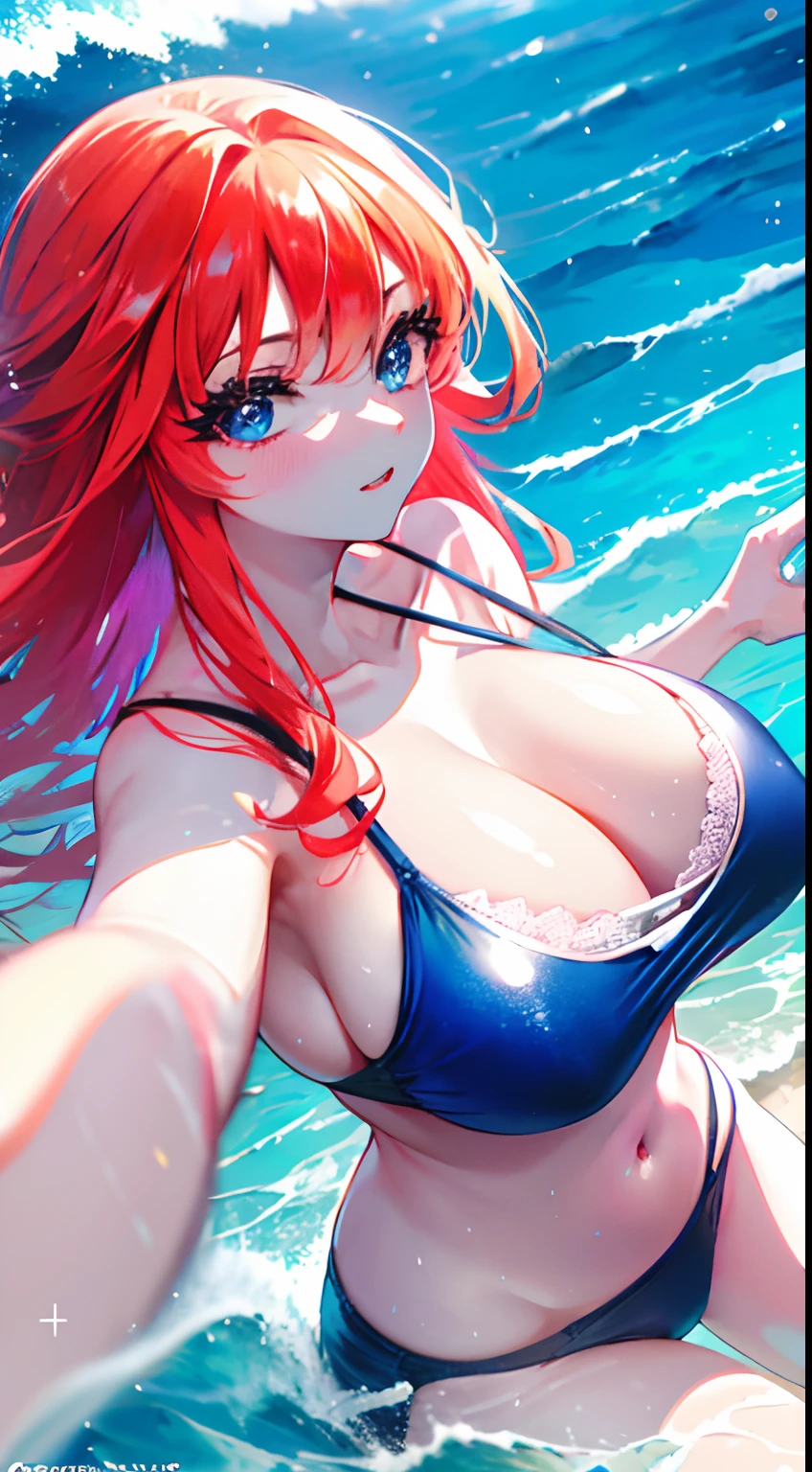 (best quality,4k,8k,highres,masterpiece:1.2),ultra-detailed,beautiful detailed eyes,beautiful detailed lips,extremely detailed eyes and face,long eyelashes,vivid colors,bokeh,Anime girls in bikinis,playful girls on a sunny beach,shimmering water,soft golden sand,tropical palm trees swaying in the breeze,cheerful smiles,confident poses,joyful mood,sparkling sea waves,clear blue sky,summer vibes,swimsuits with vibrant patterns,anime style,crystal clear reflections,anime-style eyes,exquisite facial expressions,warm sunlight casting soft shadows,refreshing ocean breeze,playful splashes in the water,happy laughter,fun and carefree atmosphere,huge breast, detail lips,red hair, blue eyes,