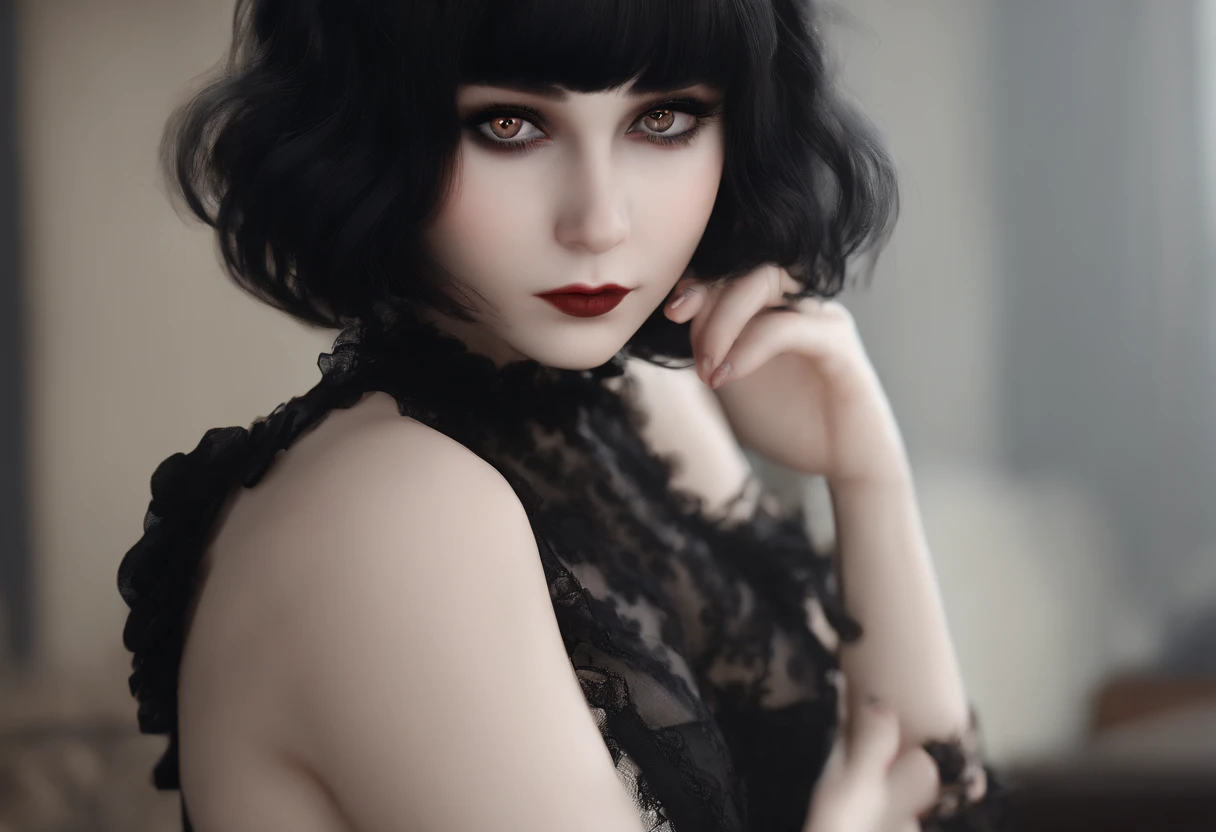 (extremely detailed CG:1.2), (masterpiece:1.2), (best quality:1.2),,((absurdres)),looking at viewer, solo,1girl,goth ,emo ,pale skin,short hair,black hair,20 year old,freckles,black lipstick,heavy eye shadow,heavy eye liner,heavy makeup,fit body,sweaty,full body,nude,small boobs,hairy pussy