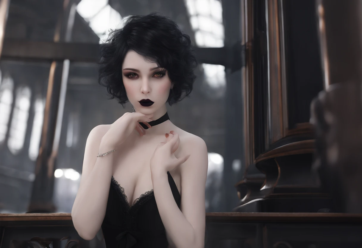 (extremely detailed CG:1.2), (masterpiece:1.2), (best quality:1.2),,((absurdres)),looking at viewer, solo,1girl,goth ,emo ,pale skin,short hair,black hair,20 year old,freckles,black lipstick,heavy eye shadow,heavy eye liner,heavy makeup,fit body,sweaty,full body,nude,small boobs,hairy pussy