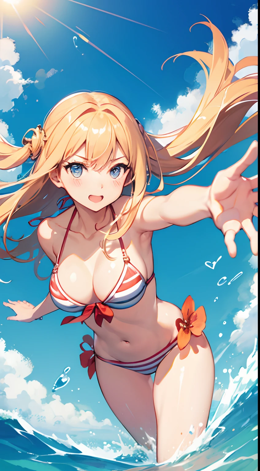 Bikini, beach scene, epic, flowing hair, detailwd illustration, yoneyama mai, top angle, dynamic pose, dynamic angle, foreshortening hand focus