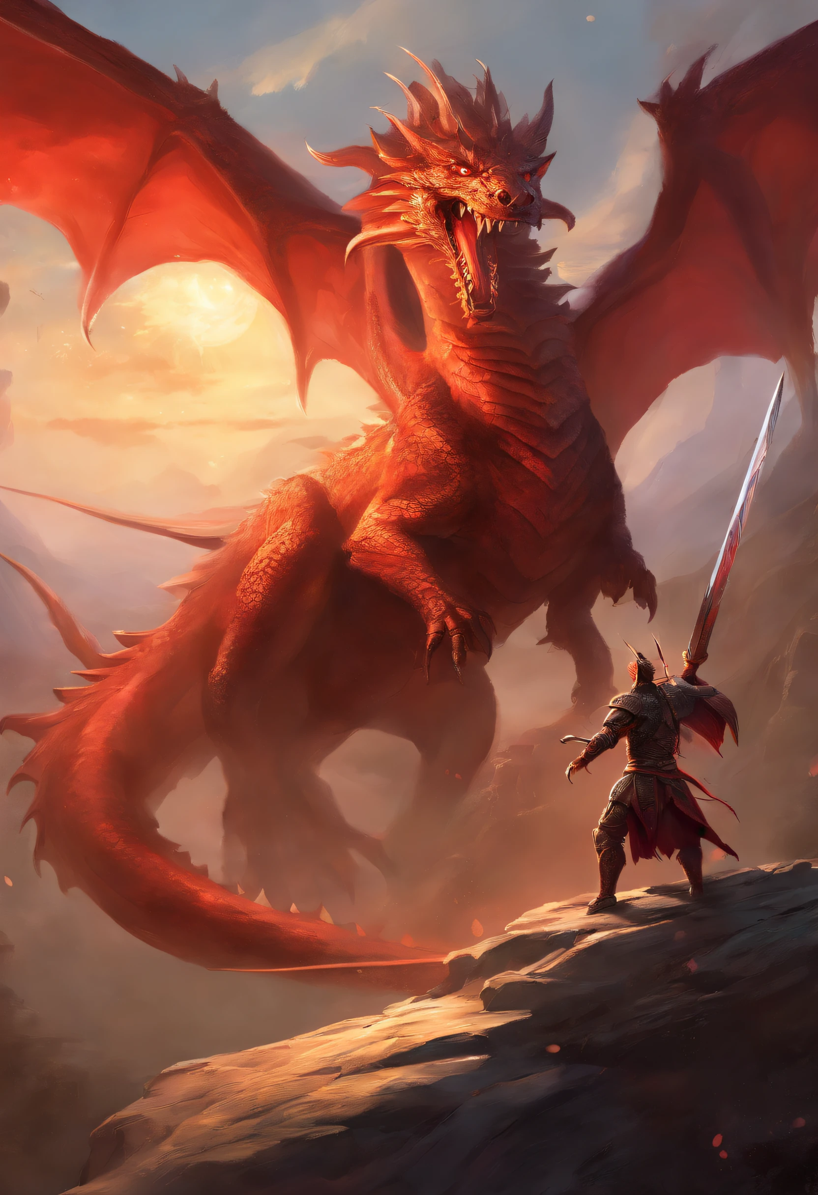 A warrior approaching a dragon with his sword drawn and the dragon with its back in the air and his head low to the ground an its mouth open and glowing red