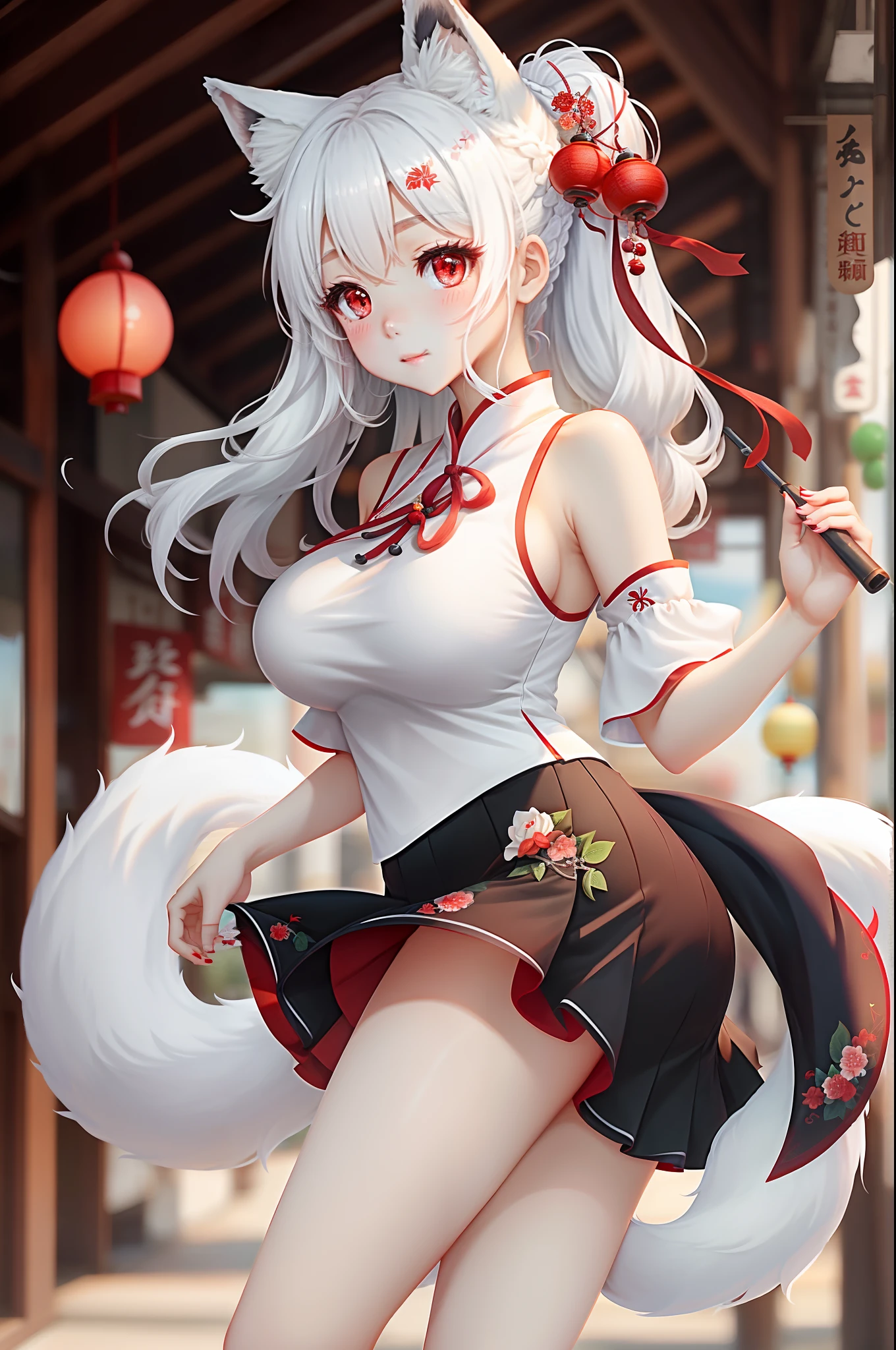 White hair、red eyes、Beautiful girl alone、Fluffy dresses、off shoulders、Western-style castle、Bright red roses、((fox ears)),steam,wet clothes ,china dress,(masterpiece), best quality, expressive eyes, perfect face,w sitting, w sitting on ground, arm between legs, both arm between legs,big breast, good breast