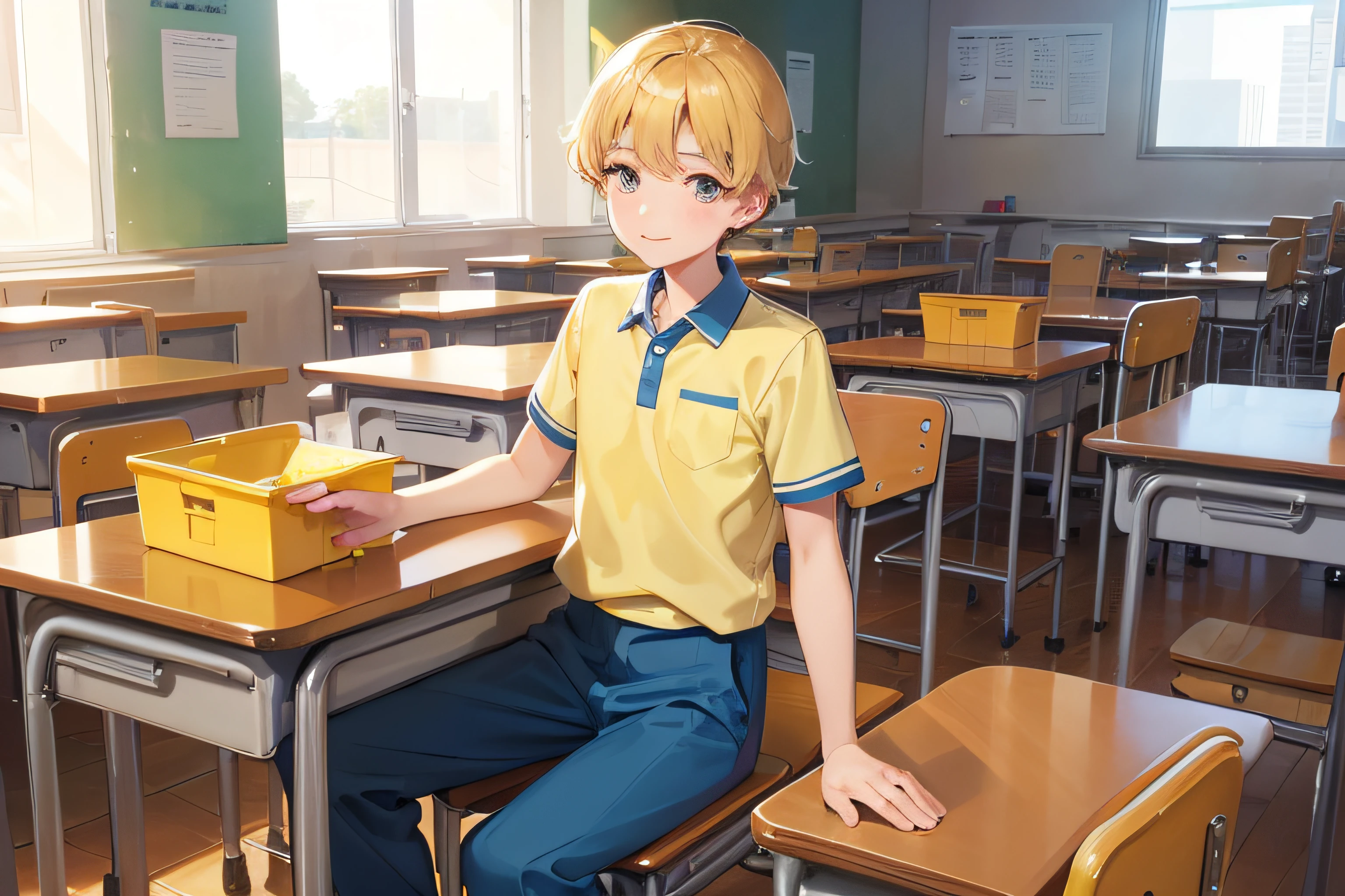 An happy, gentle and tender boy caucasian student about 8  in school uniform, Yellow T-shirt and blue long pants in the classroom