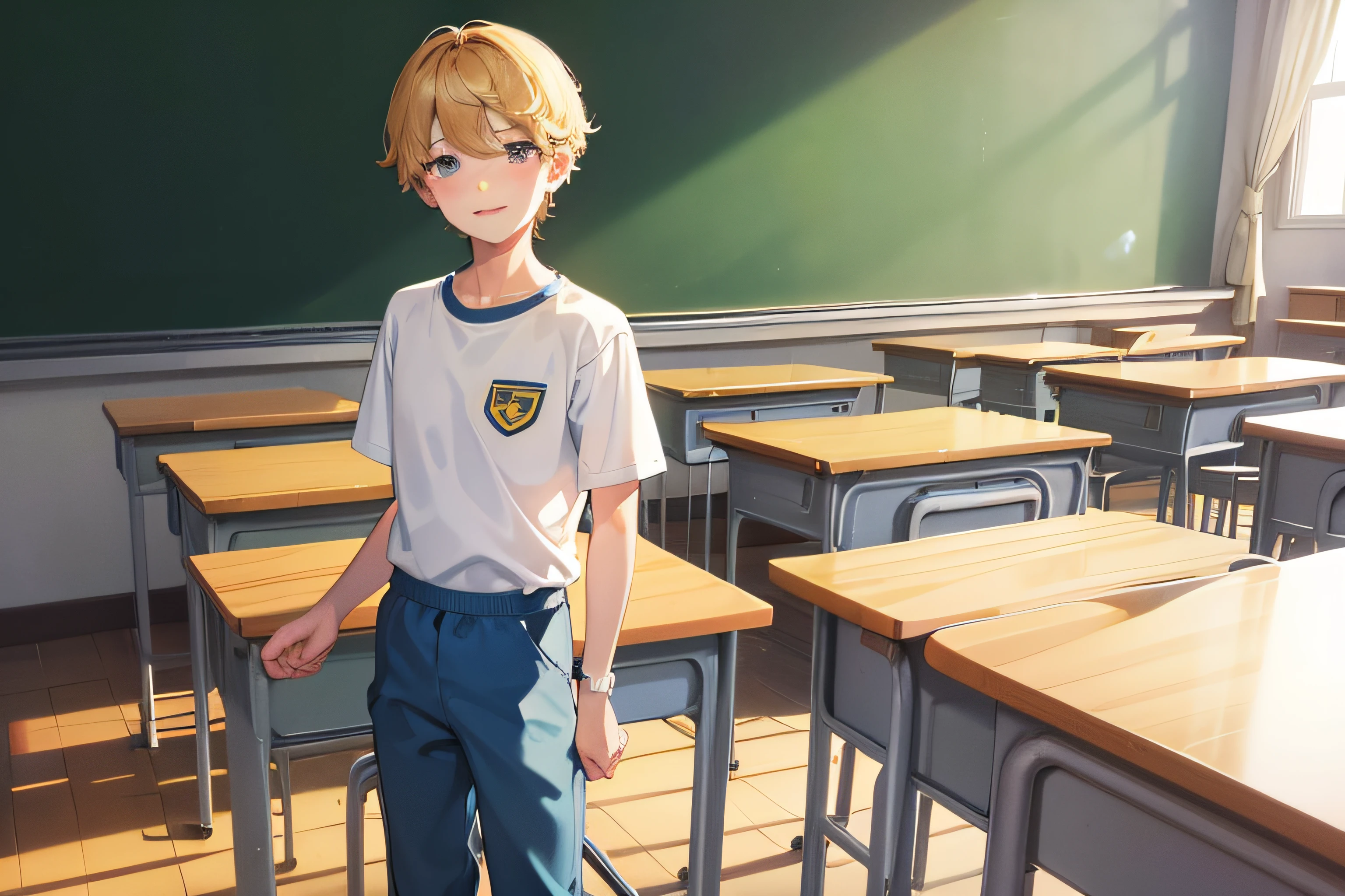An happy, gentle and tender boy caucasian student about 8  in school uniform, Yellow T-shirt and blue long pants in the classroom