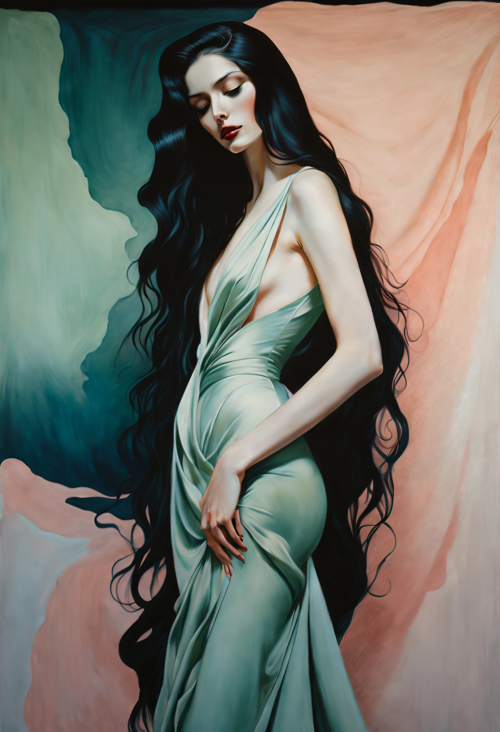 chiaroscuro technique on sensual illustration of an elegant long hair woman, vintage beauty, eerie, the model draped in flowing, thick oil painting, by Hannah Dale, by Harumi Hironaka, extremely soft colors, vibrant, highly detailed, malcolm liepke painting, oil on canvas, high contrast, dramatic, refined, tonal, Create high contrast between light and shadow