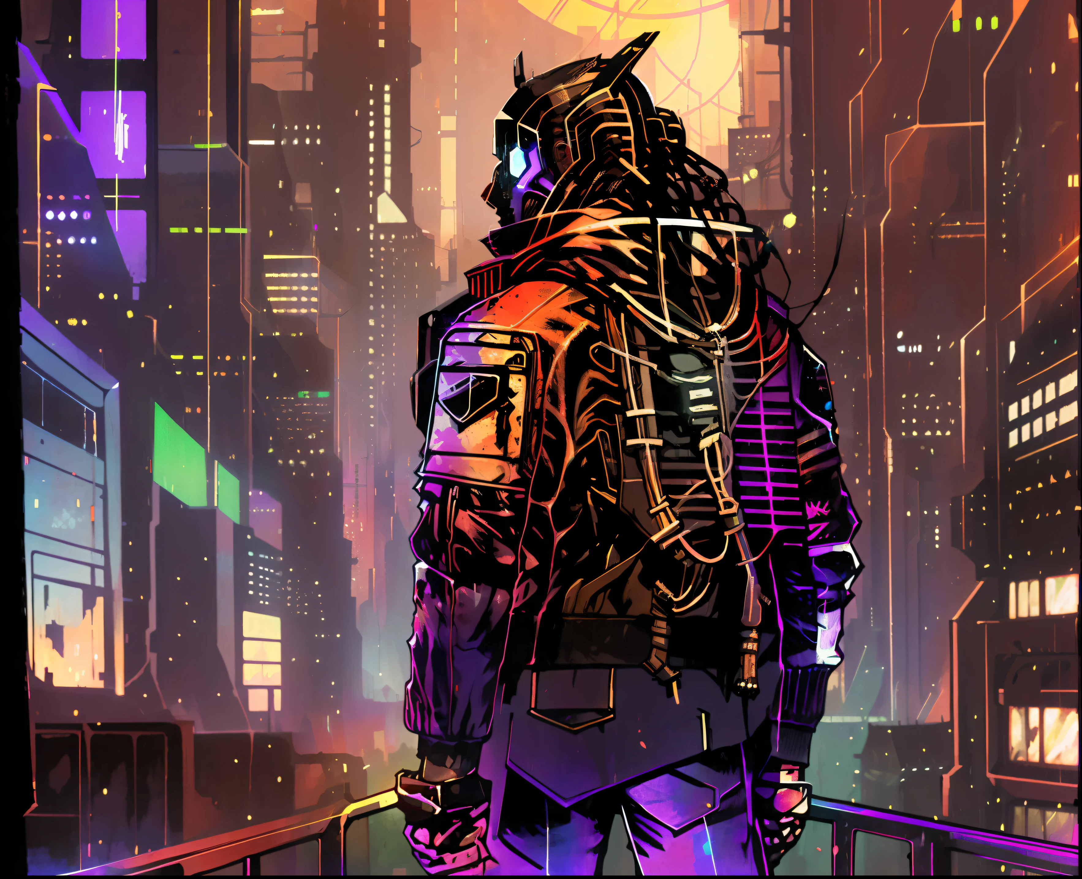 Make an art with cyberpunk environment, with a character in the middle, strong man on his back with brown hair, cyberpunk jacket, in a cyberpunk world, at night, on top of a building, with holograms and buildings in the background, and ships, HD, super detailed, hyper-detailed, beautifully colored, insane detail, 4k, 8k, 4k, UHD, beutiful lighting