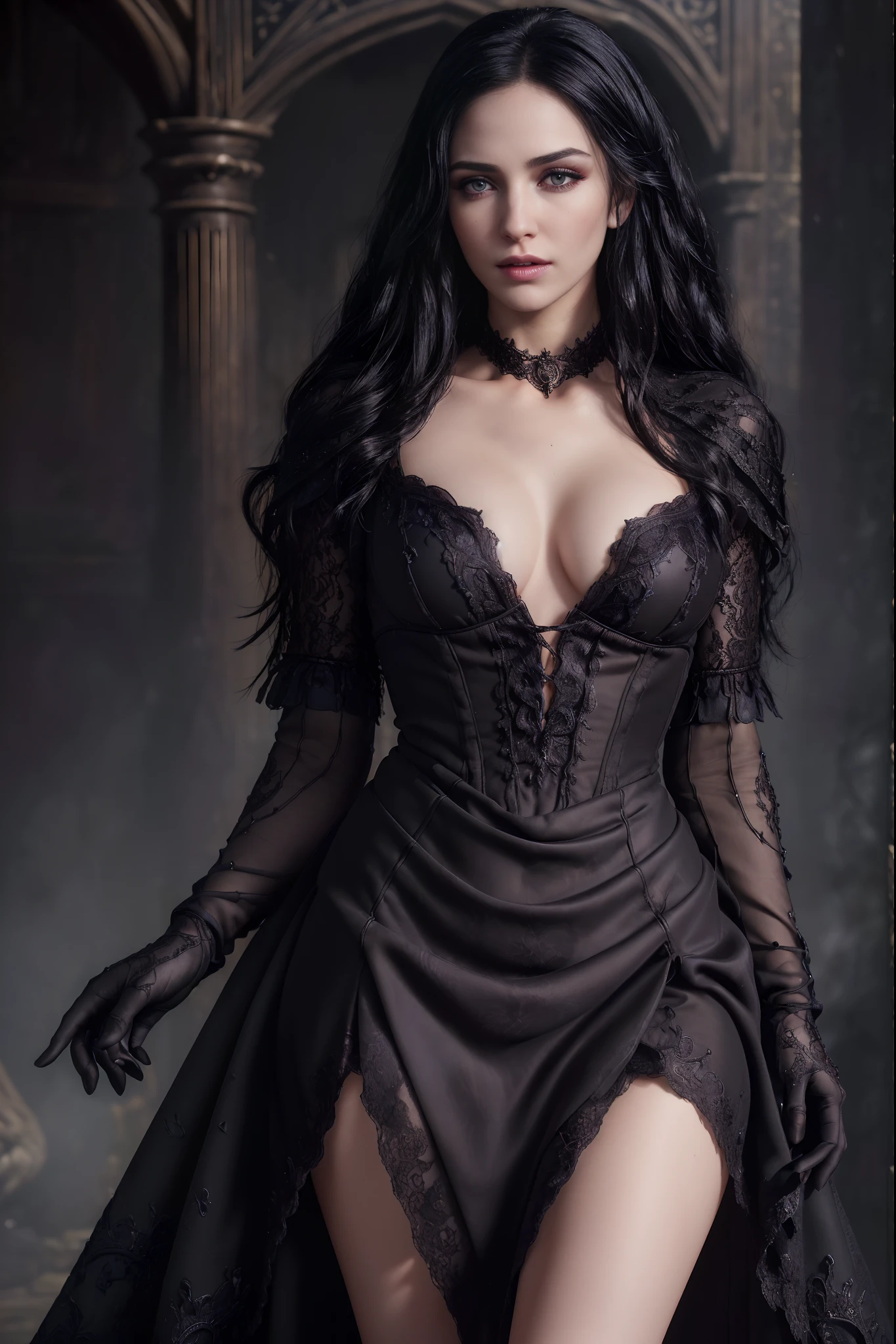 Masterpiece, Yennefer of Vengerberg, high detail plunging sexy gothic dress, intricately detailed background, (UHD, 8K wallpaper, High resolution), Cinematic lighting, award-winning, extremely detailed skin, extra detailed face, high detail eyes, photo-realistic, Zeiss 85 mm F/1.4, by Ellen von Unwerth