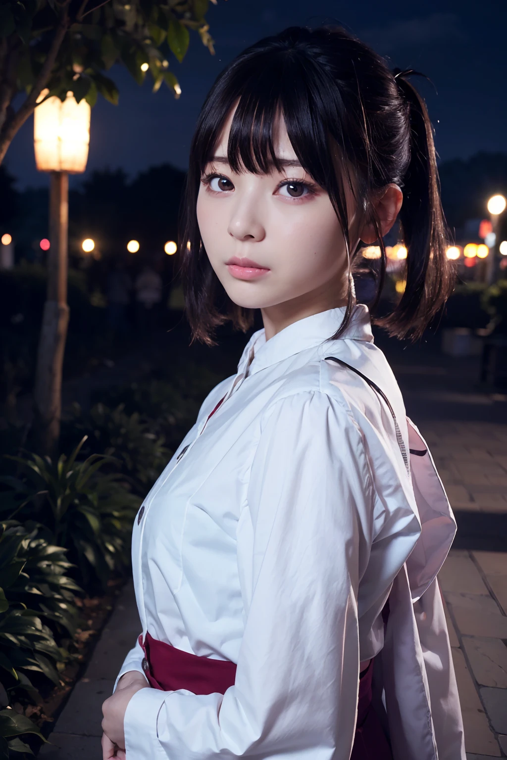 ((masutepiece)), ((Best Quality)), (Ultra-detailed), ((Extremely detailed)), 4K, (8K), Best Quality, (Beautiful), Dynamic Angle, Night Flower Garden, Cute girl s, 1girl in, Solo, japanese cloth, poneyTail, beautiful black hair0, ((Beautiful eyes))0,