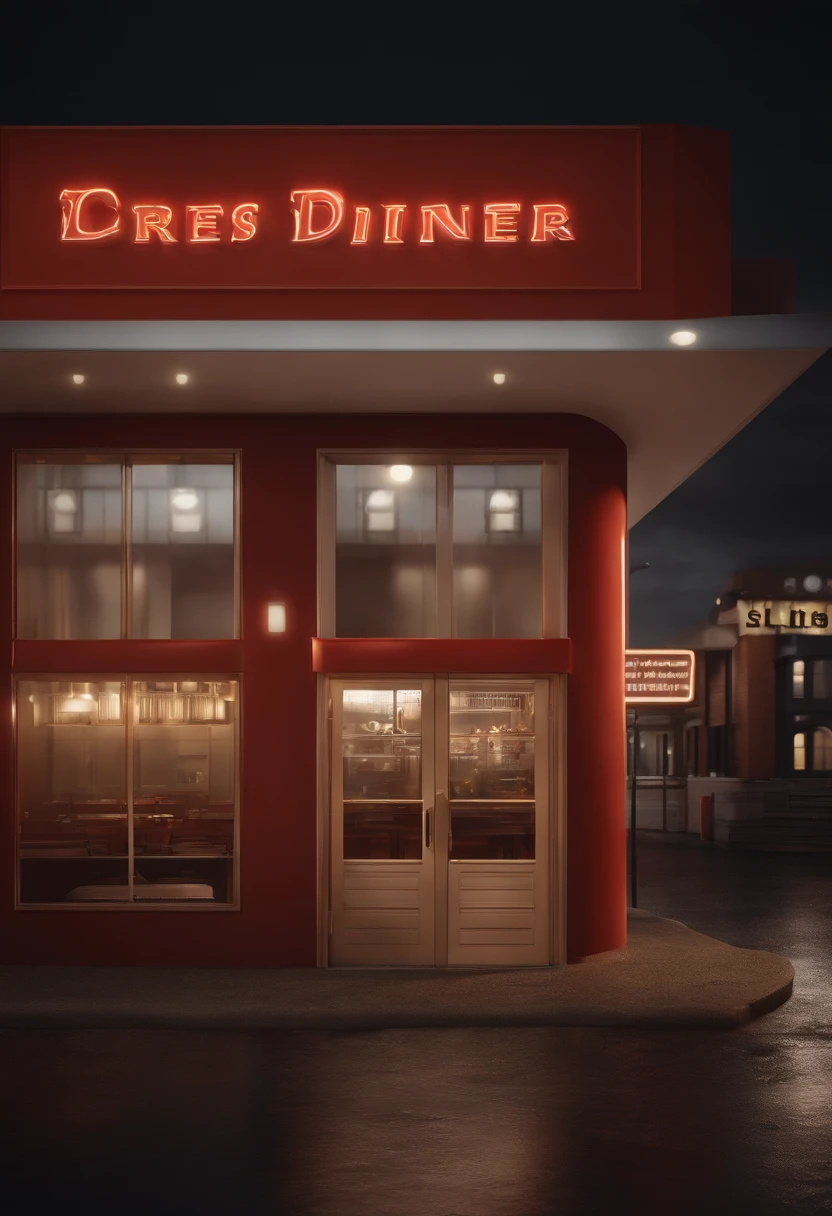 Modern night diner front view between two realistic style building, The diner is red with some white accents, Interior lighting glows natural orange, The outside environment is at night which gives focus to the place, Above the door and the two windows next to the door, one on the left and right, there is a sign as the name of the diner, "Lanchonete Christ Saves"