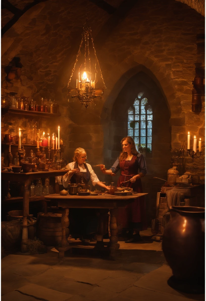 Da ist eine vietnamesische Frau, die an einem Tisch mit Kerzen sitzt, She's in the Potions Workshop, Magierin, who summons a spell, Mittelalterlicher Alchemist im Dunkeln, Fantasy-Alchemisten-Labor, Ein arkaner Zauberer, der einen Zauber wirkt, Zauber auf einen Trank wirken, Er befindet sich in einem Alchemistenlabor, Alchemie-Labor, Zauberspruch-Assistent, Magisches Labor-Setting