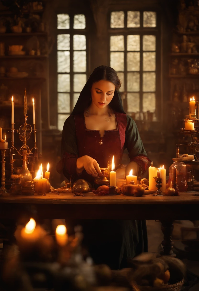 Da ist eine ((vietnamesische Frau)), die an einem Tisch mit Kerzen sitzt, She's in the Potions Workshop, asiatische Magierin, who summons a spell, Mittelalterlicher Alchemist im Dunkeln, Fantasy-Alchemisten-Labor, Eine arkane Zaubererin, die einen Zauber wirkt, Zauber auf einen Trank wirken, Er befindet sich in einem Alchemistenlabor, Alchemie-Labor, Zauberspruch-Assistent, Magisches Labor-Setting
