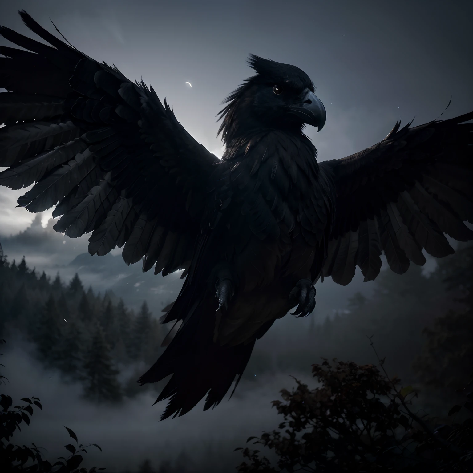 (best quality,4k,8k,highres,masterpiece:1.2),ultra-detailed,(realistic,photorealistic,photo-realistic:1.37),dramatic,ethereal,black and white,shadows,dynamic lighting,lustrous feathers,elaborate pattern,feather details,mysterious atmosphere,Raven wings,glowing eyes,fierce gaze,extraordinary wingspan,sharp,curved beak,powerful silhouette,intense downward flight,nighttime forest,moonlit background,haunting presence,captivating,unearthly beauty,striking contrast,majestic pose,isolated on a branch,ominous atmosphere,wisps of fog,menacing aura,mythical creature