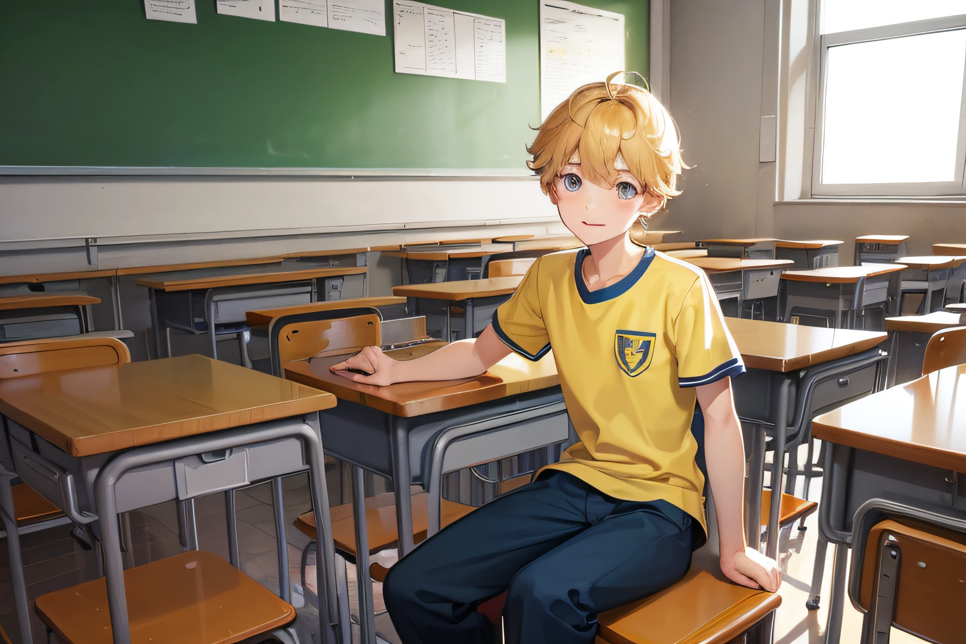 An happy, gentle and tender boy caucasian student about 8 in school uniform, Yellow T-shirt and blue long pants in the classroom