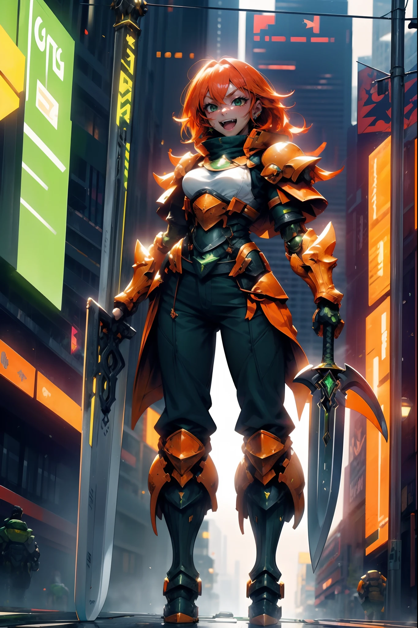 excel, orange hair, smile, fang, open mouth, green eyes,standing, medium breast, pants, pullover, , full body,knight armor, armore, sword holding, fantasy cyberpunk city magic