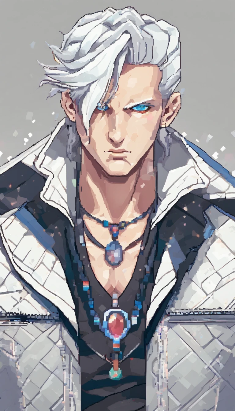 Raw 16k ultra HD Vivid colors ultra masterpiece, (1.12), close-up, face of a cute guy, ((white coloured hair)), wearing a black leather jacket, emotionless face, blue coloured eyes, wearing blue crystal pendant, cute looking guy, young age, (masterpiece), (highest detail), (ambient background)