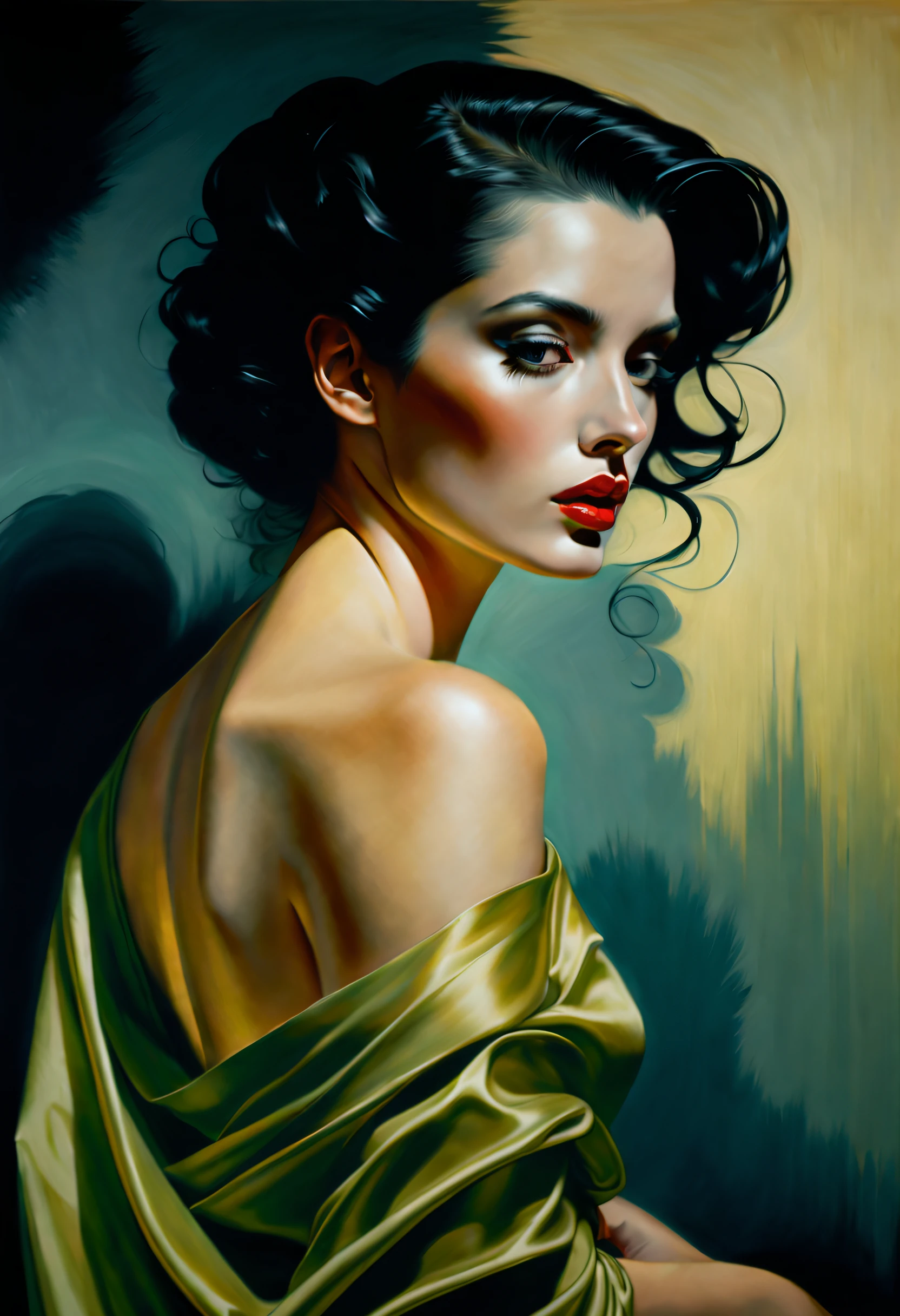 Dramatic Lighting, Chiaroscuro, Evocative Depth, chiaroscuro technique on sensual illustration of an elegant 1980s woman, vintage beauty, eerie, the model draped in flowing, thick oil painting, by Hannah Dale, by Harumi Hironaka, extremely soft colors, vibrant, highly detailed, malcolm liepke painting, oil on canvas,  high contrast, dramatic, refined, tonal, Create high contrast between light and shadow