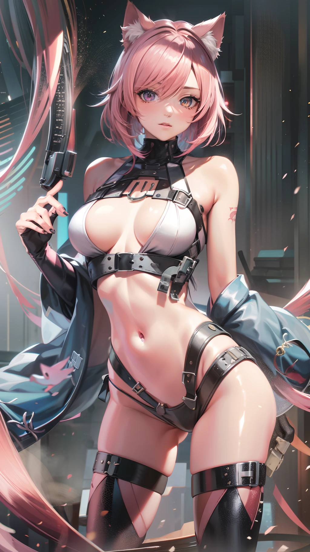 flatchest,pink hair,Red left eye,The right eye is golden,cat ear,Cat tail,slim,short-length straighthair,dishiveredhair,cowboy shot, full body, masterpiece, high details, high quality, textured skin, award winning, best quality, highres, 8k, masterpiece