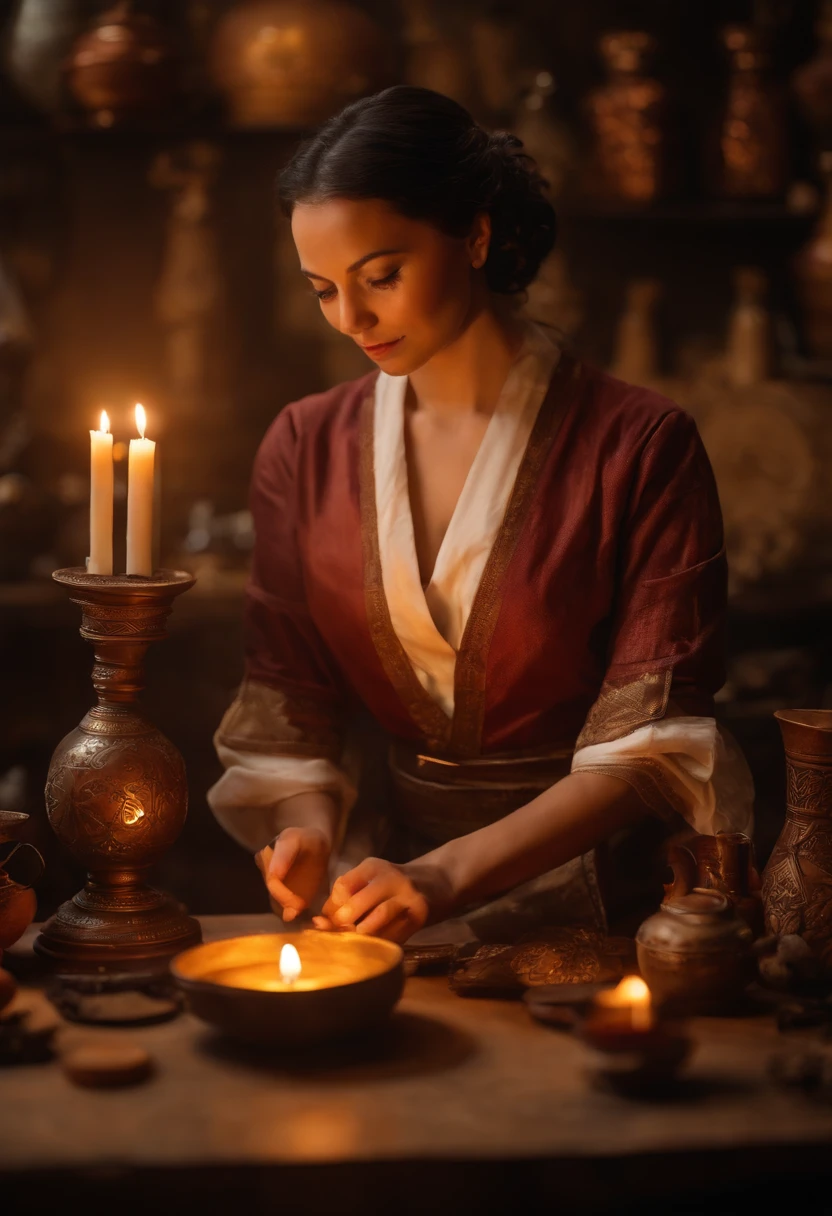 Da ist eine Frau, die an einem Tisch mit Kerzen sitzt, She's in the Potions Workshop, Magierin, who summons a spell, Mittelalterlicher Alchemist im Dunkeln, Fantasy-Alchemisten-Labor, Ein arkaner Zauberer, der einen Zauber wirkt, Zauber auf einen Trank wirken, Er befindet sich in einem Alchemistenlabor, Alchemie-Labor, Zauberspruch-Assistent, Magisches Labor-Setting