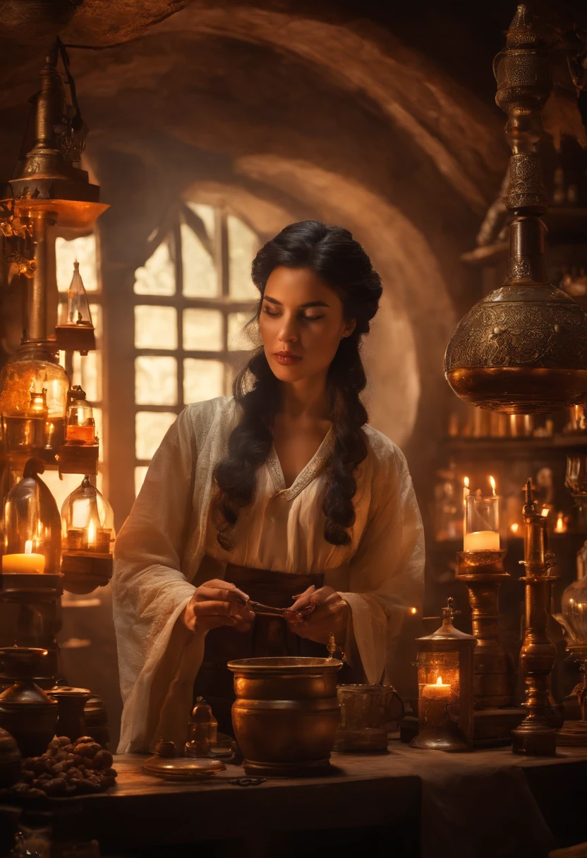 Da ist eine ((vietnamesische Frau)), die an einem Tisch mit Kerzen sitzt, She's in the Potions Workshop, asiatische Magierin, who summons a spell, Mittelalterlicher Alchemist im Dunkeln, Fantasy-Alchemisten-Labor, Eine arkane Zaubererin, die einen Zauber wirkt, Zauber auf einen Trank wirken, Er befindet sich in einem Alchemistenlabor, Alchemie-Labor, Zauberspruch-Assistent, Magisches Labor-Setting