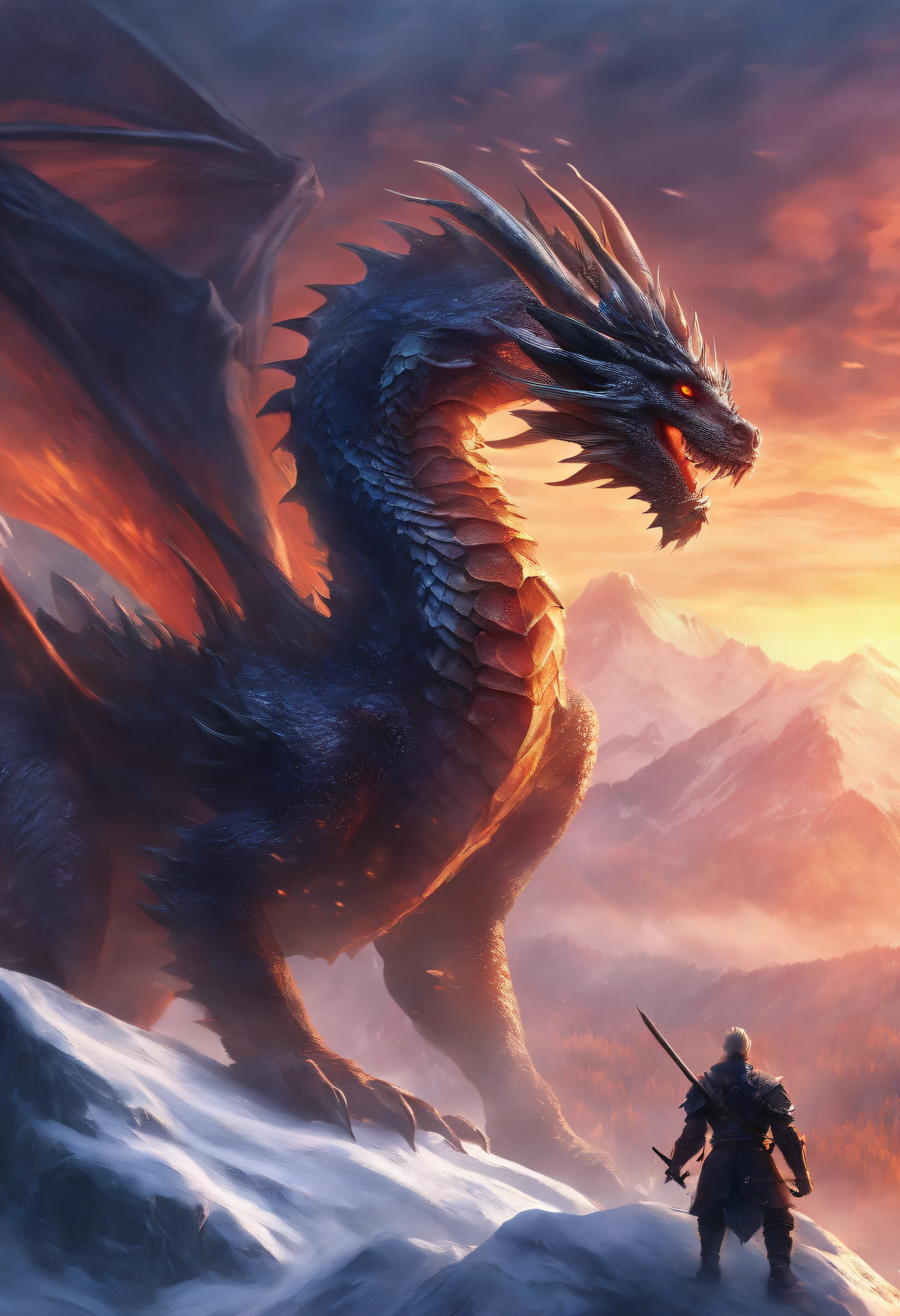 A snowy mountain, a dragon, a war
(best quality,4k,8k,highres,masterpiece:1.2),ultra-detailed,(realistic,photorealistic,photo-realistic:1.37),HDR,UHD,studio lighting,ultra-fine painting,sharp focus,physically-based rendering,extreme detail description,professional,vivid colors,bokeh,landscapes,horror
Tags:
snowy mountain, dragon, war, intense battle, flying dragon, snowy landscape, soldiers fighting, fierce confrontation, danger, epic scene, warriors, fear, powerful creature, ice and snow, smoke and fire, fighting for survival, freezing cold, majestic dragon, epic war scene, adrenaline rush, mystical dragon, icy breath, determined warriors, heroic battle, magical atmosphere, dramatic lighting, frozen battlefield, chaotic fight, sword fighting, brave heroes, conquer and protect, breathtaking visuals, dark and intense, immense power, battle cries, mythical world