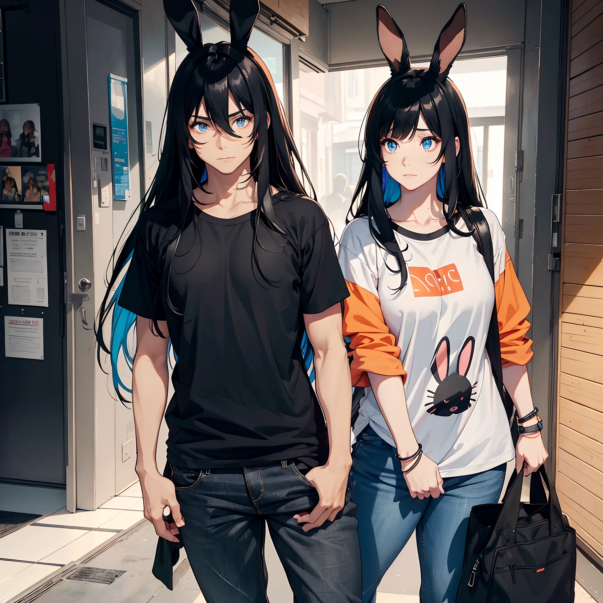 In this image there are two people, one will be a girl with long black hair with bangs, wearing a very colorful female band outfit, black pants, on her face she will be wearing a rabbit mask, and by her side there will be a man. very tall and muscular with very light blue eyes, he will have white skin color, and wearing a black t-shirt and jeans, and he will be wearing a fluorescent orange wig