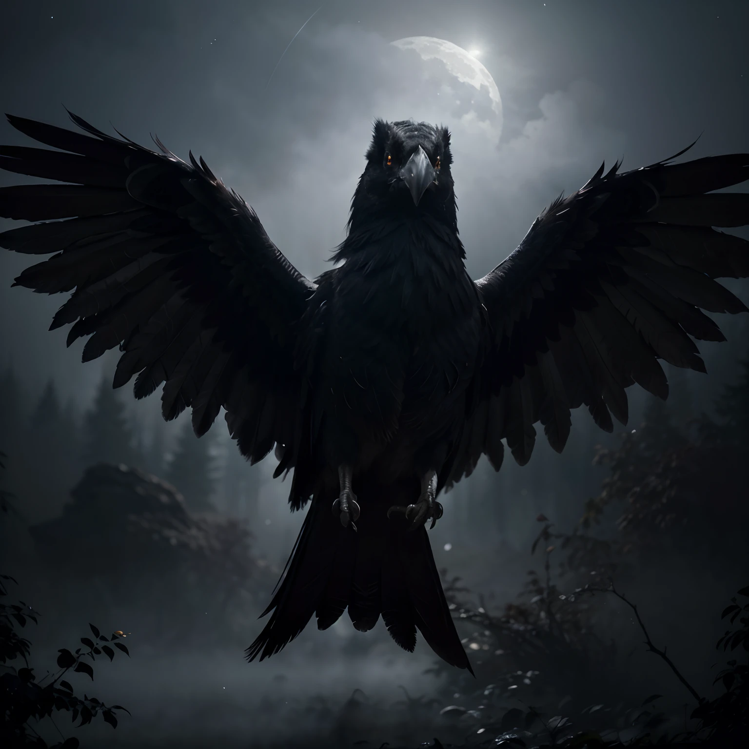 (best quality,4k,8k,highres,masterpiece:1.2),ultra-detailed,(realistic,photorealistic,photo-realistic:1.37),dramatic,ethereal,black and white,shadows,dynamic lighting,lustrous feathers,elaborate pattern,feather details,mysterious atmosphere,Raven wings,glowing eyes,fierce gaze,extraordinary wingspan,sharp,curved beak,powerful silhouette,intense downward flight,nighttime forest,moonlit background,haunting presence,captivating,unearthly beauty,striking contrast,majestic pose,isolated on a branch,ominous atmosphere,wisps of fog,menacing aura,mythical creature