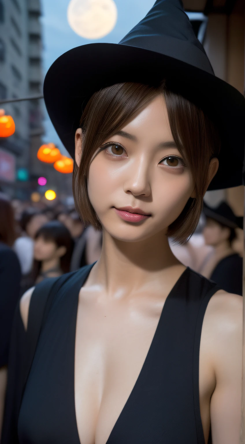 (photographed:1.2)、(Photorealsitic:1.4)、(​masterpiece:1.3)、(top-quality:1.4)、超A high resolution、(A detailed eye)、(detailed facial features)、(detailed clothes features)、8K分辨率、solofocus、bangss、Double eyelids、(((kawaii faces)))、(((Time is night、The area is dark、a person々It's buzzing、The moon is shining beautifully)))、(((lighting like a movie)))、(((((The city is a Halloween cosplay venue)))))、(((Detailed novel and stately wizard attire)))、(((Cute wizard costume)))、(((Novel costumes)))、(((Halloween)))、(((The fabric of the clothes is thick)))、(((Underexposed eyes)))、(Wearing a tricorn hat:1.5)、（((Shoes are also purple navy blue、Pointed toes))）、Beautiful lips、toned legs、(Slender girl)、(a japanese girl)、1 girl in、Slim Beauty:1.2、Delicate hair、((The background is the city of Ikebukuro、Large crowds))、(Beautiful breasts:1.2)、Slim body、(short-hair:1.2)、Bruises and ugly face、Delicate body、((sexy  pose))、stunning lighting、Cute smile