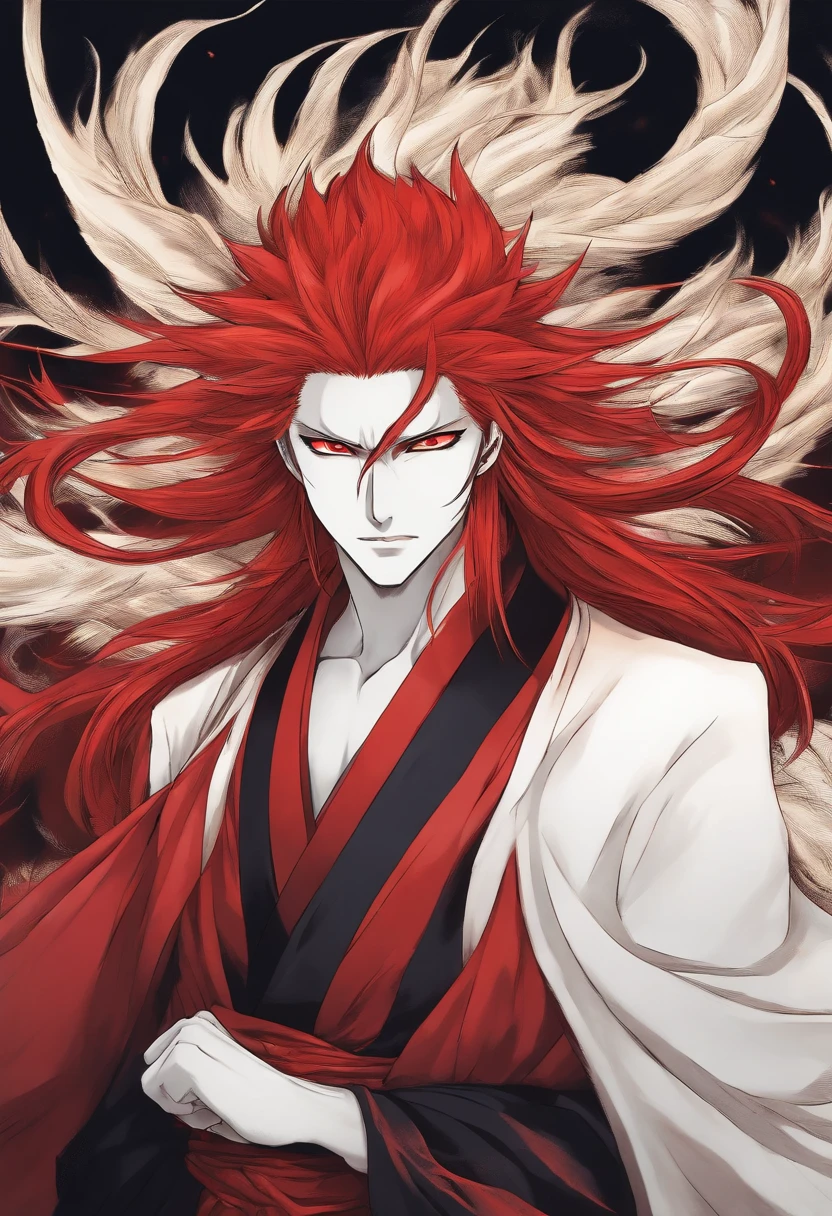 Create Bleach Manga Style Image Man Youkai Long Hair Bright Red, orelhas de raposa
