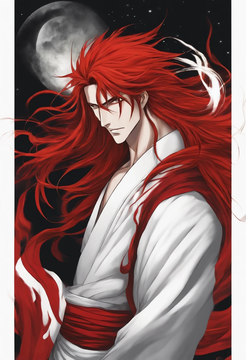 Create Bleach Manga Style Image Man Youkai Long Hair Bright Red, orelhas de raposa
