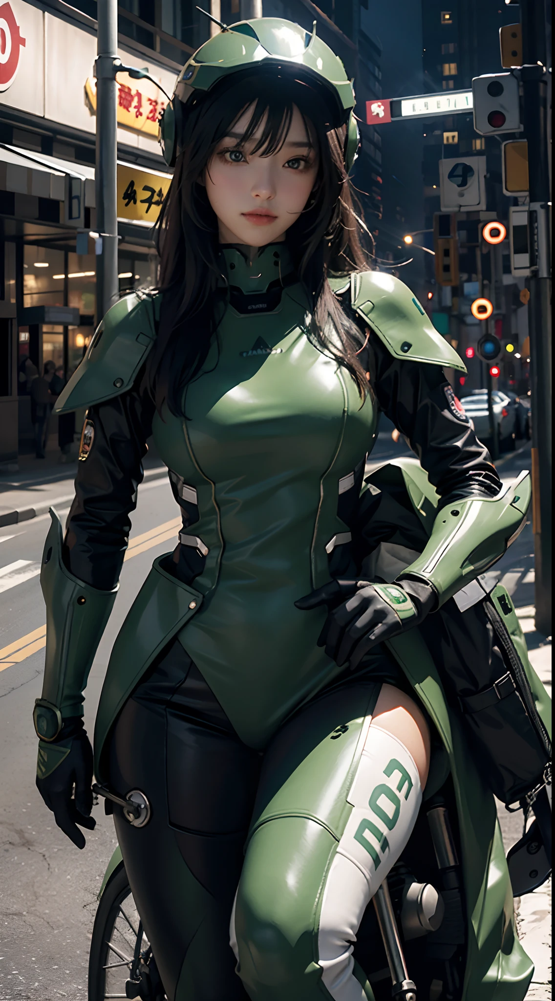 Highest image quality, outstanding details, ultra-high resolution, (realism: 1.4), the best illustration, favor details, highly condensed 1girl, with a delicate and beautiful face, dressed in a black and green mecha, wearing a mecha helmet, holding a directional controller, riding on a motorcycle, the background is a high-tech lighting scene of the future city.